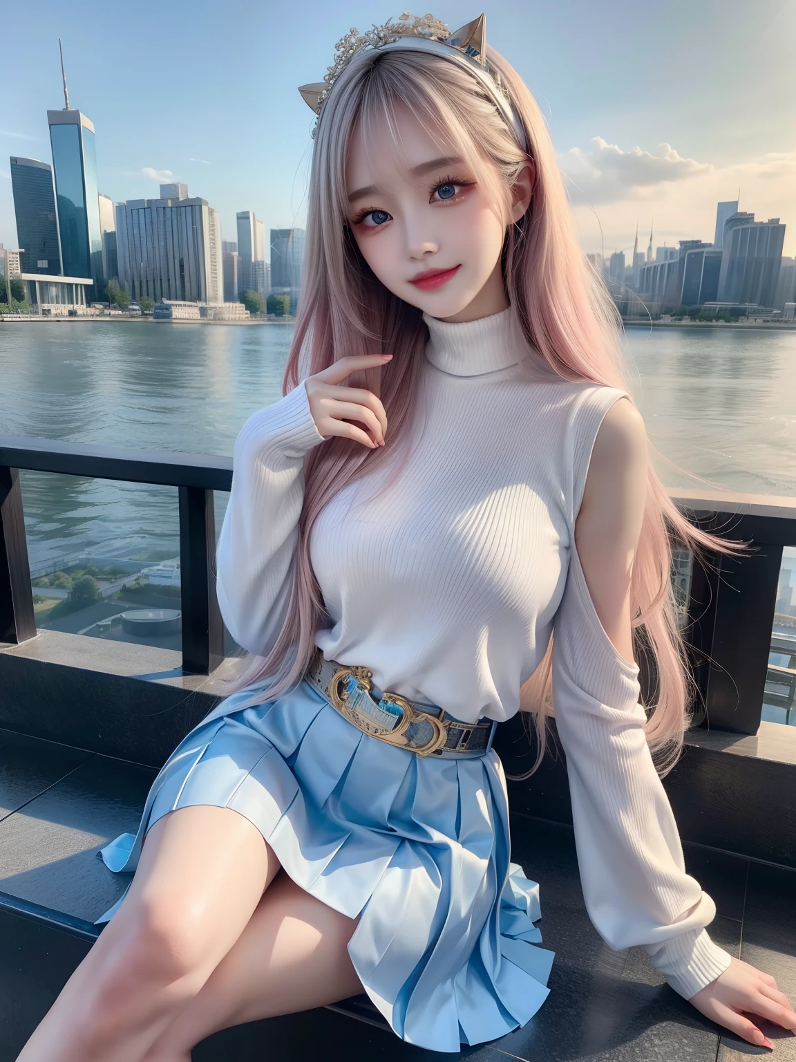 official art, masterpiece, sharp focus, (beautiful gorgeous cute Korean woman:1.3), (beautiful cute korean:1.3), korean beauty, Delicate and beautiful hair and eyes and face, realistic, ultra detailed, beautiful girl, blue sky, glow white particle, (sidelighting:1.2), sun light, white cloud, detailed clouds, slender, Lovely very large breasts and very large hips, smile with teeth, ((smile with eyes, open both eyes)), scenery, long straight hair, sexy facial expression, building, (cityscape:1.7), dynamic hair, long straight hair, detailed platinum pink hair, glow blue eyes, (blue pleated shirts + white skirt), white long socks, pale skin, hair ornament, epic scenery,