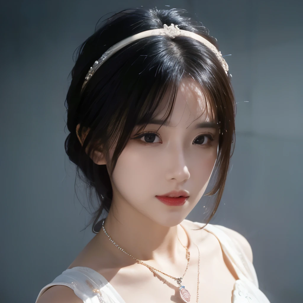 best quality, masterpiece, high resolution, 1 Girl, Porcelain dress, Hair accessories, necklace, Jewelry, Pretty Face, Physically, Tyndall effect, Practical, Dark Studio, Side lighting, Two-color lighting, (High Detail Skin: 1.2), 8K UHD, Digital SLR Camera, Soft Light, high quality, Volumetric Light, frank, photo, high resolution, 4k, 8K, Background blur,