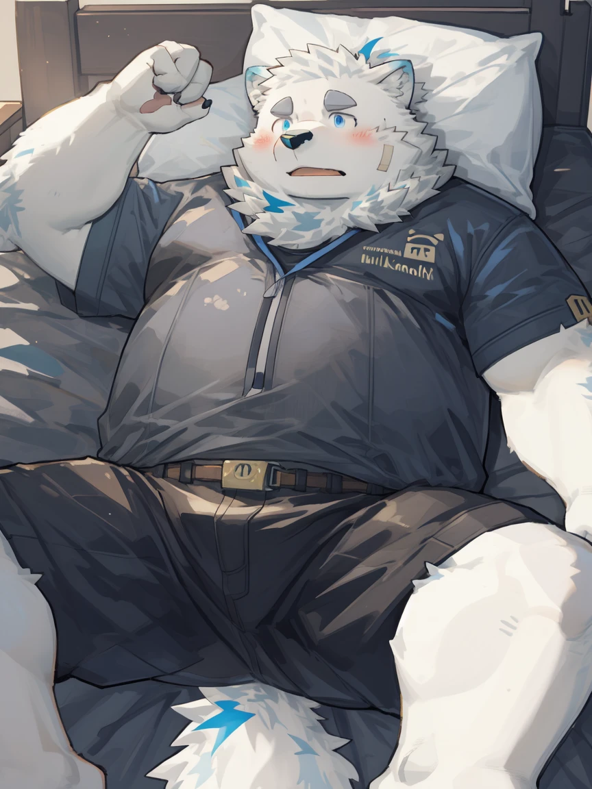 yohack, solo, canid, mammal, white body, white fur, (blue eyes:1.2), band-aid, black underwear superhero, smile, blush, nipples, one eye closed, stocky, overweight, (on back, lying on bed, on bed:1.2), inside, high-angle view, by 96panda, 