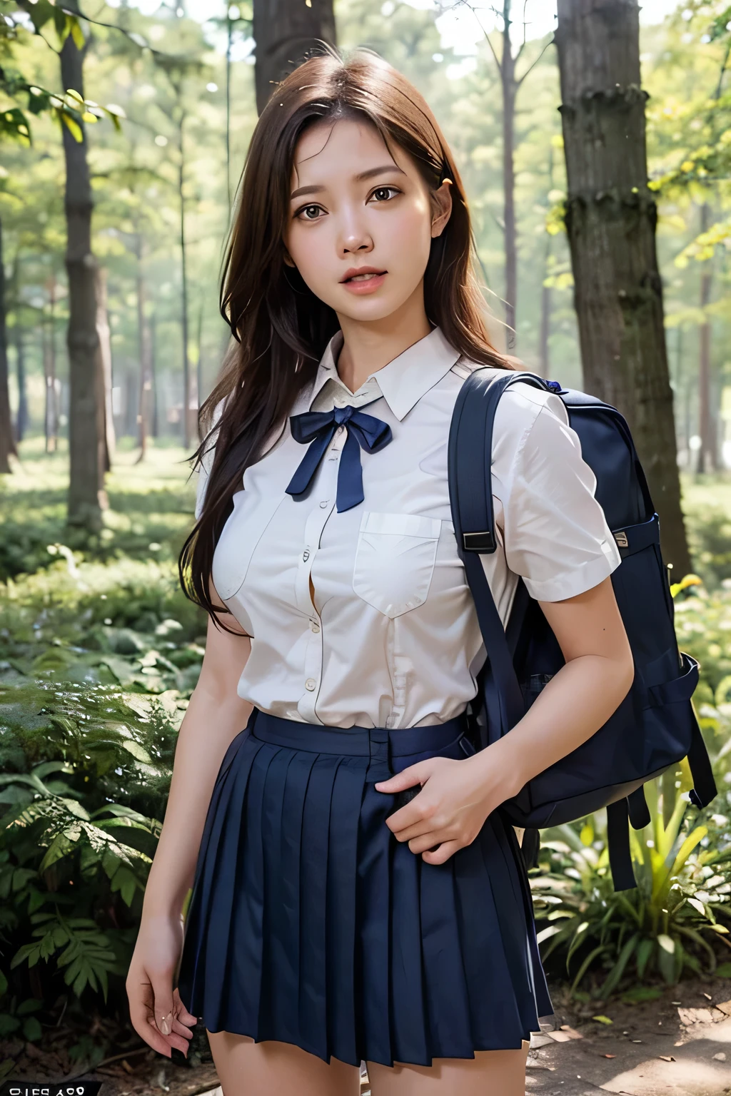 (Nature landscape photography), (highest quality), Tabletop:1.2, 超A high resolution, ((Cowboy Shot:1.4))、Realistic:1.4, RAW Photos, ((In the dark forest、wood々Light shines into the space:1.4)), ((Shoot from the front:1.4)), ((White short-sleeved shirt for students:1.4)),((Dark blue ribbon for school uniform:1.4))、(One Girl), ((Above the knees photo:1.5)), (18-year-old), (Happy:1.2), (Real Skin), (Semi-long hair, Dark brown hair)、 ((Navy blue pleated skirt that accentuates thighs:1.4)), ((Carry a large rucksack:1.4)), (Ultra detailed face), (Super beautiful female high school student), (Highly detailed eyes), (Very elaborate nose), (Very sophisticated mouth), (Very skilled hands), (Super-detailed body), Pan Focus, Gazing at the audience、Confused expression:1.7、