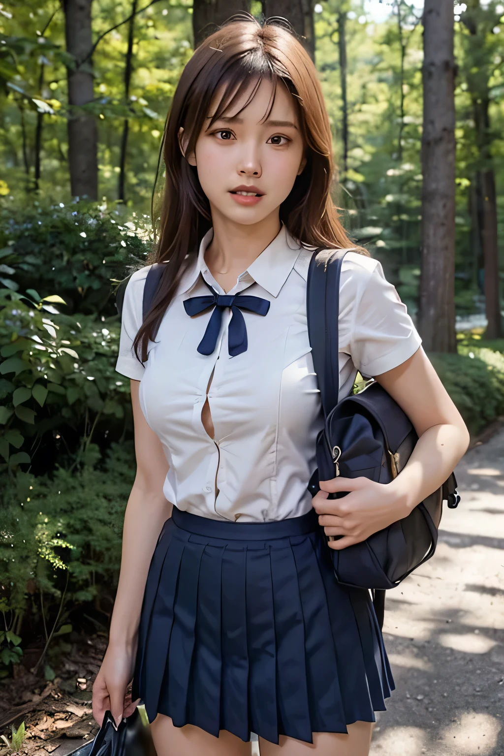 (Nature landscape photography), (highest quality), Tabletop:1.2, 超A high resolution, ((Cowboy Shot:1.4))、Realistic:1.4, RAW Photos, ((In the dark forest、wood々Light shines into the space:1.4)), ((Shoot from the front:1.4)), ((White short-sleeved shirt for students:1.4)),((Dark blue ribbon for school uniform:1.4))、(One Girl), ((Above the knees photo:1.5)), (18-year-old), (Happy:1.2), (Real Skin), (Semi-long hair, Dark brown hair)、 ((Navy blue pleated skirt that accentuates thighs:1.4)), ((Carry a large rucksack:1.4)), (Ultra detailed face), (Super beautiful female high school student), (Highly detailed eyes), (Very elaborate nose), (Very sophisticated mouth), (Very skilled hands), (Super-detailed body), Pan Focus, Gazing at the audience、Confused expression:1.7、