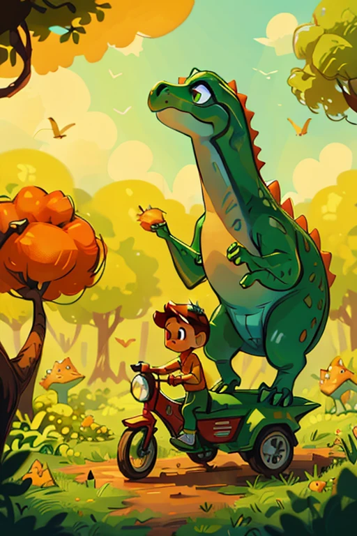 Illustration for a Fairy Tale about a Dinosaur:
Dinosaur, um dinossauro, grande e vermelho, vivendo em Marte, procurando amigos em uma bicicleta de duas rodas,
Fantastic youth, dinossauro, grande e vermelho, vivendo em Marte, procurando amigos em uma bicicleta de duas rodas, cosmos no fundo, estrelas brilhantes,
Dinosauros, uma menor, verde, vivendo em Marte, procurando amigos em uma bicicleta de duas rodas