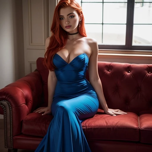 raw photo, (Sophie Turner), red hair, makeup, graphic eyeliner, rouge, realistic skin texture,  blue front slit chiffon evening dress strapless long, (red:0.8), softcore, warm lighting, cosy atmosphere, instagram style