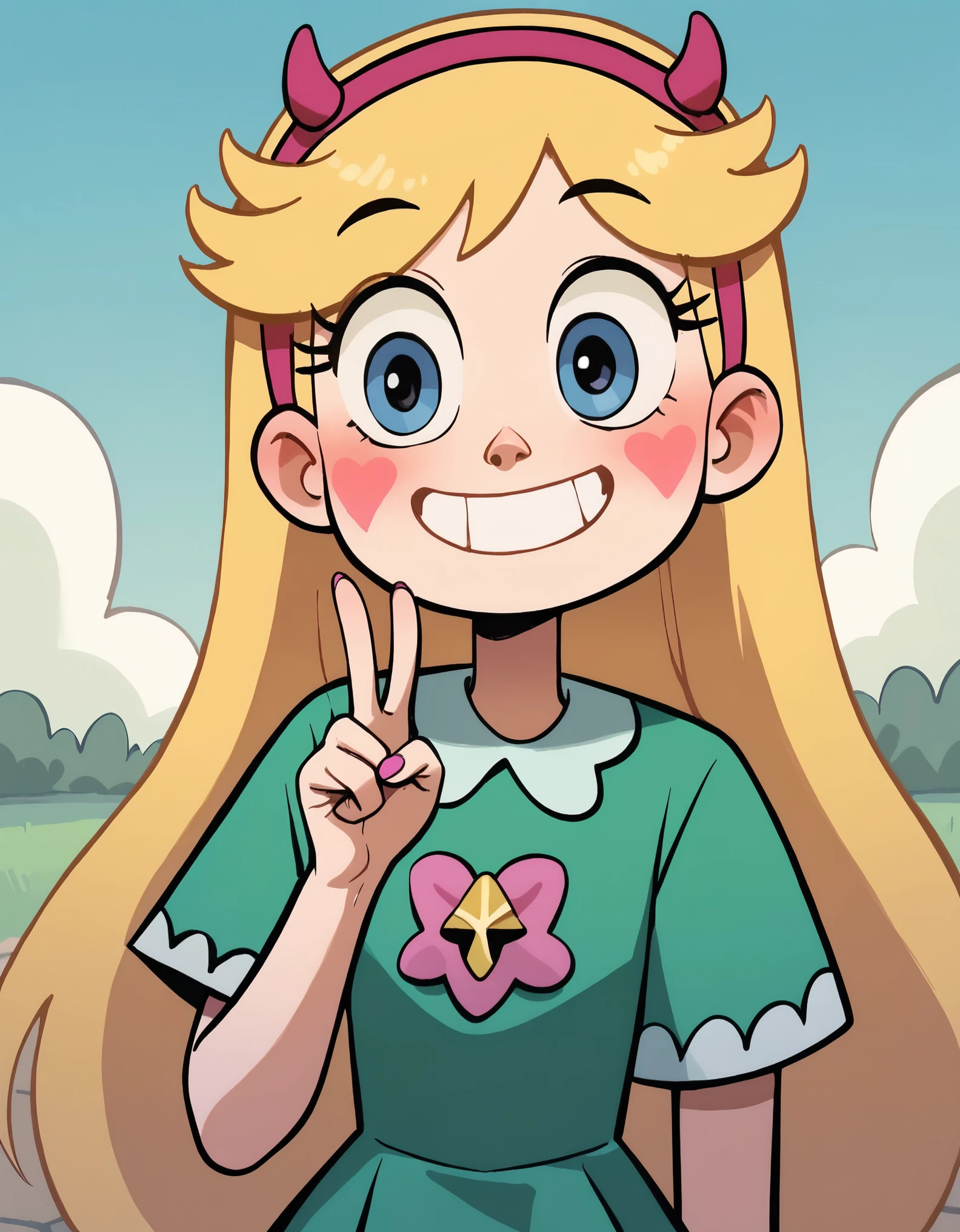 score_9, score_8_up, score_7_up, score_6_up, mngmst_style, star butterfly, 1girl, solo, long hair, blush, green dress, striped thighhighs, outdoors, sky, smile, v, grin 