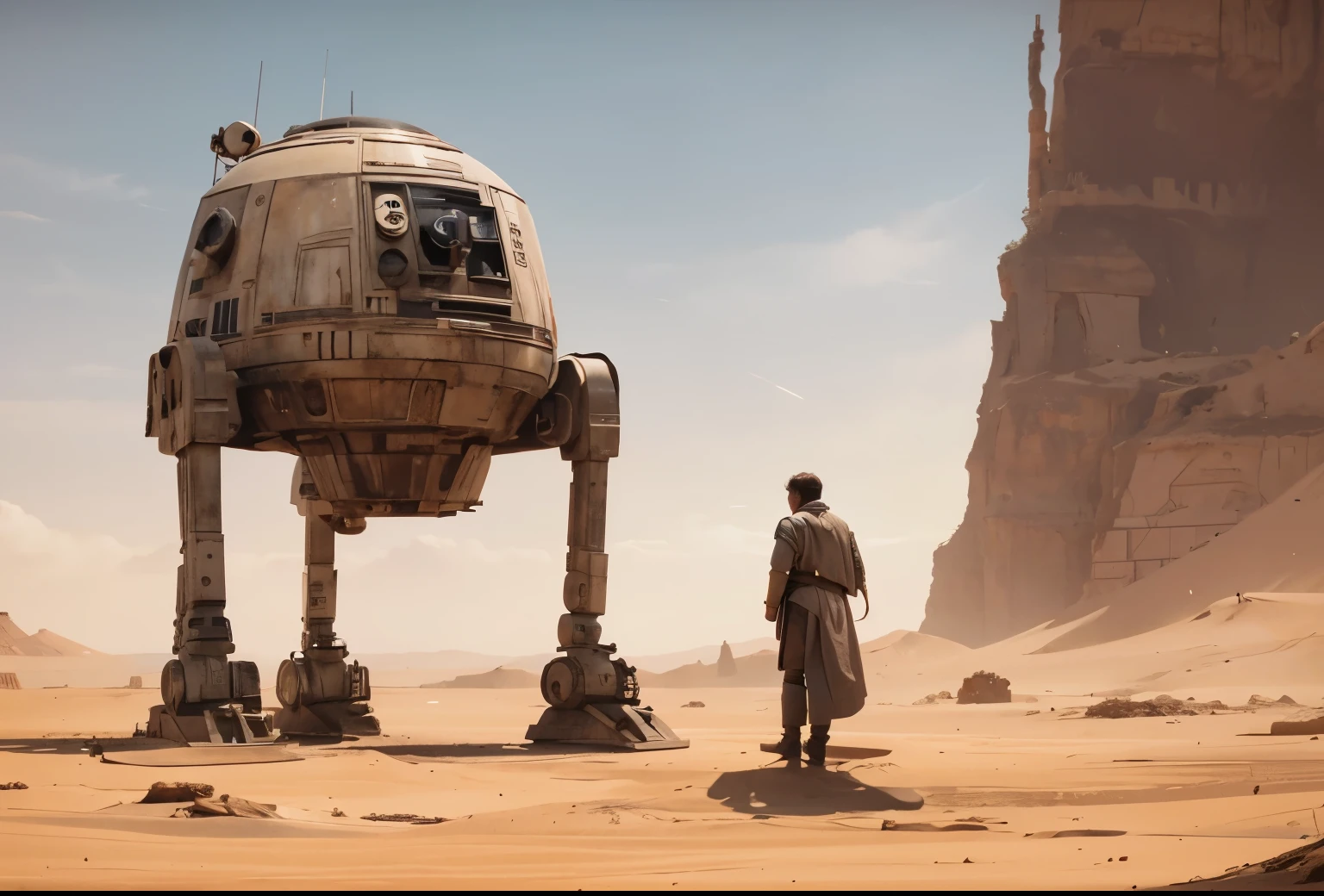 star wars scene with a robot and a man, movie screenshot from star wars, droids, still from star wars, star wars movie still, film still from star wars, droid, star wars film still, disney star wars movies still, hd star wars photo, movie still from star wars, ilm of an epic sci-fi, tatooine