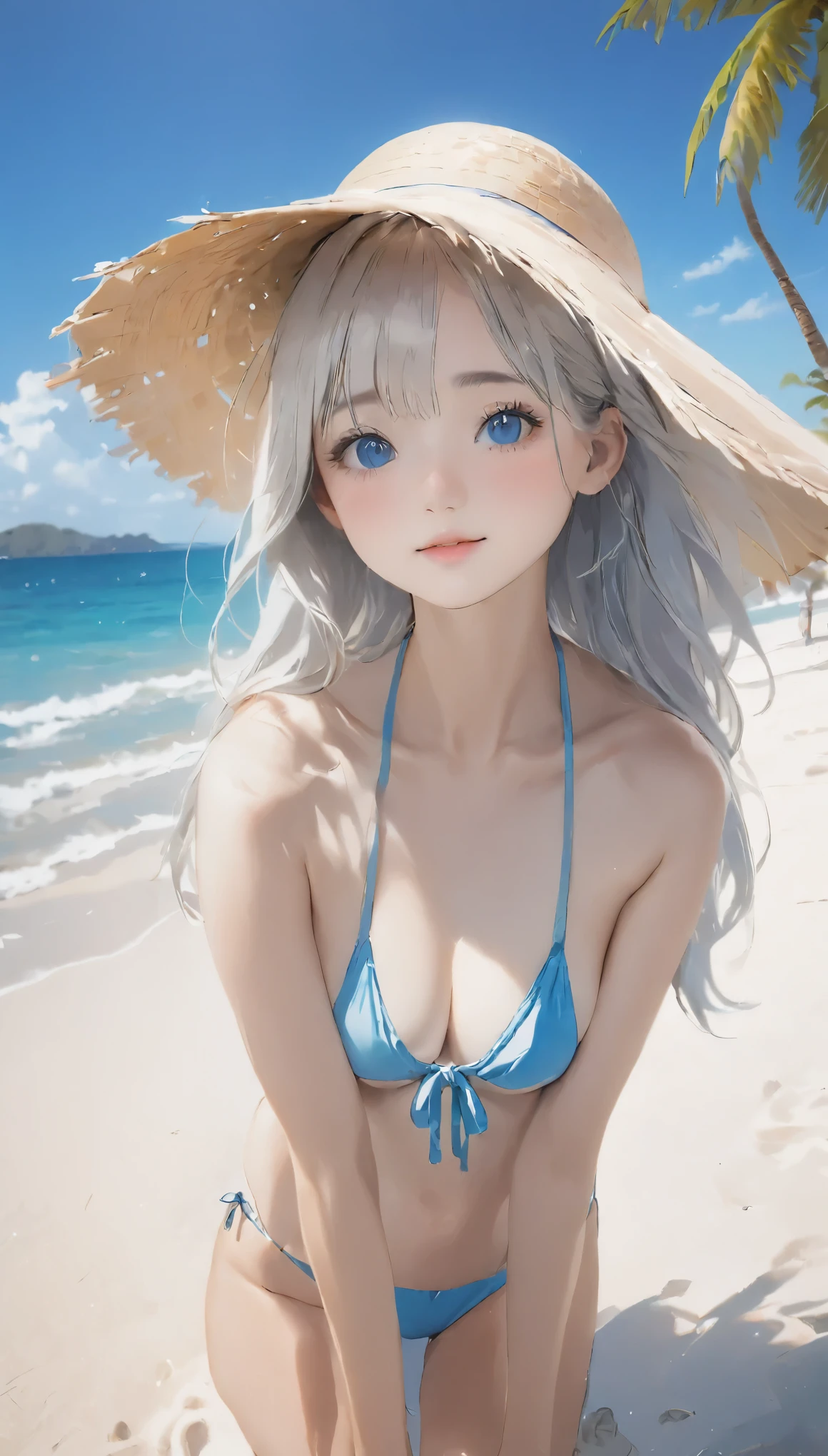 a surreal snow world princess relaxing on a tropical beach, ethereal ice crystals floating in the air, shimmering waves lapping at the shore, lush palm trees swaying gently, diffused sunlight casting a soft glow, serene and dreamlike atmosphere, highly detailed, photorealistic, 8k, (best quality,4k,8k,highres,masterpiece:1.2),ultra-detailed,(realistic,photorealistic,photo-realistic:1.37),HDR,UHD,studio lighting,ultra-fine painting,sharp focus,physically-based rendering,extreme detail description,professional,vivid colors,bokeh,fantasy,magical realism