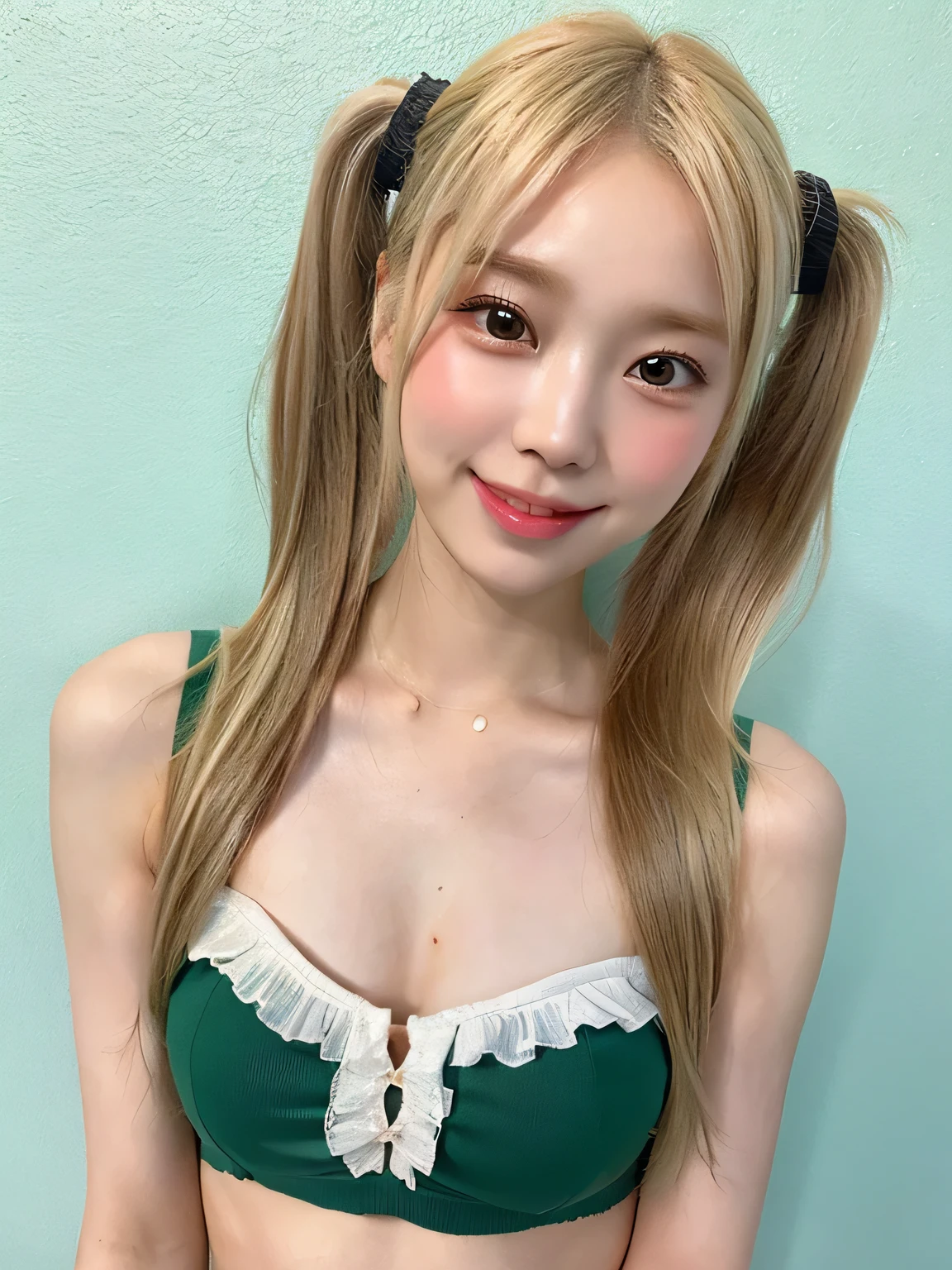 one person、14 years old、Blonde、Blonde、Full body photo、slender、woman、White drool coming out of the mouth、smile、Twin tails、 Fair skin、Super cute、Soft and Face、8K resolution、Surreal、Ultra high definition、 A-cup small breasts（（Highest resolution、8k、masterpiece：1.3））、Ultra-fine face、Ultra Fine Lips、Beautiful Eyes、double eyelid,Light blue wall、Green floral bikini:1.1、Thighs、thin,Thighs are visible、Shapely small breasts、