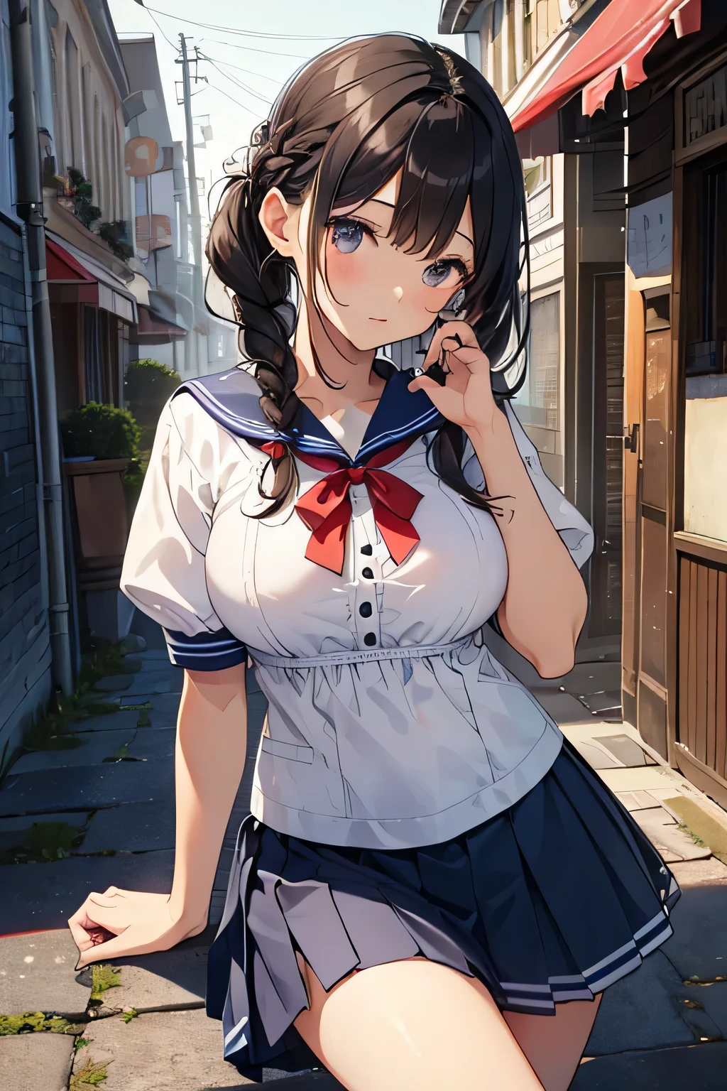 highest quality、High resolution、Detailed Background、(Beautiful face in every detail:1.4)、Anatomically correct、(Detailed facial expressions)、(Detailed eyes:1.2)、Teenage beauty、(Highly detailed face:1.4)、(Huge breasts:1.2)、Light color hair、Black Hair、Brown Hair、Braided Bob、Braided Ponytail、Braided twin tails、Braided long hair、well-groomed eyebrows、Perfect body line、cute school bag、A picturesque scene、A slightly embarrassed look、Cowboy Shot、

The sailor suit design is based on the classic navy blue base with white coloring.、A knee-length pleated skirt is best, and pairing it with pure white knee-length socks will give you a neat and clean look.、The key point is to tie a red ribbon around the sailor collar to add a cute touch.、We recommend using a red ribbon as a hair accessory.、

We recommend the retro atmosphere of the town.、Romantic and pure atmosphere、cute