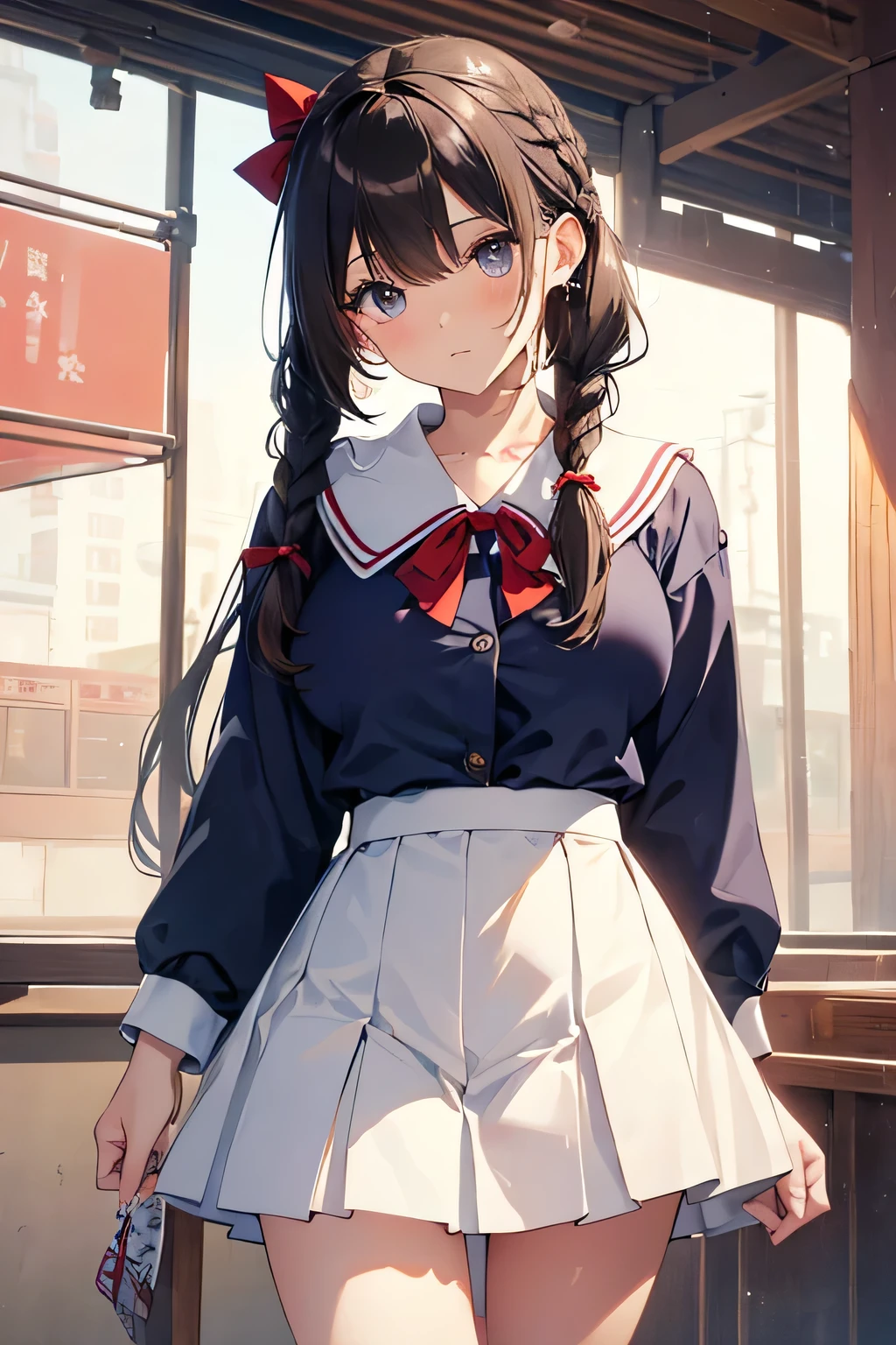 highest quality、High resolution、Detailed Background、(Beautiful face in every detail:1.4)、Anatomically correct、(Detailed facial expressions)、(Detailed eyes:1.2)、Teenage beauty、(Highly detailed face:1.4)、(Huge breasts:1.2)、Light color hair、Black Hair、Brown Hair、Braided Bob、Braided Ponytail、Braided twin tails、Braided long hair、well-groomed eyebrows、Perfect body line、cute school bag、A picturesque scene、A slightly embarrassed look、Cowboy Shot、
The sailor suit design is based on the classic navy blue base with white coloring.、A knee-length pleated skirt is best, and pairing it with pure white knee-length socks will give you a neat and clean look.、The key point is to tie a red ribbon around the sailor collar to add a cute touch.、We recommend using a red ribbon as a hair accessory.、
We recommend the retro atmosphere of the town.、Romantic and pure atmosphere、cute
