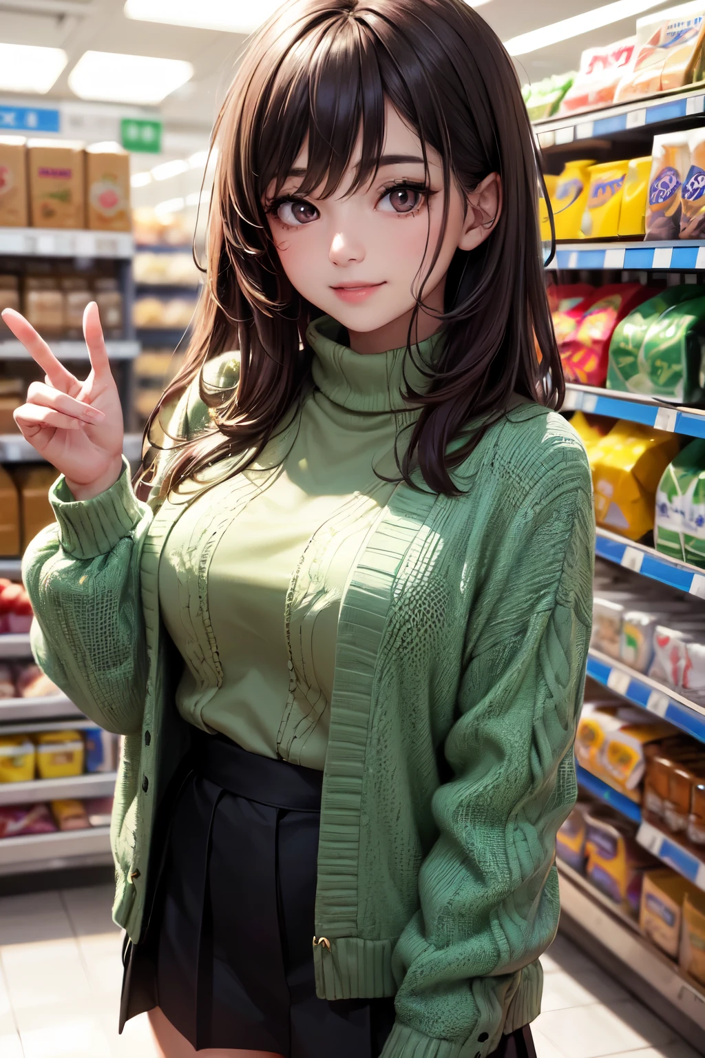 very cute and beautiful girl,(highly detailed beautiful face),
(smile:1.2),happy,looking at viewer,(green sweater),cowboy shot,pleated black mini skirt,
shopping in supermarket,black hair,
(best quality,masterpiece),absurdres,highres,ultra-detailed,extremely detailed,32k,8k resolution,
intricate details,cinematic scene,detailed background,solo,dynamic angle,aesthetic darkbrown eyes,