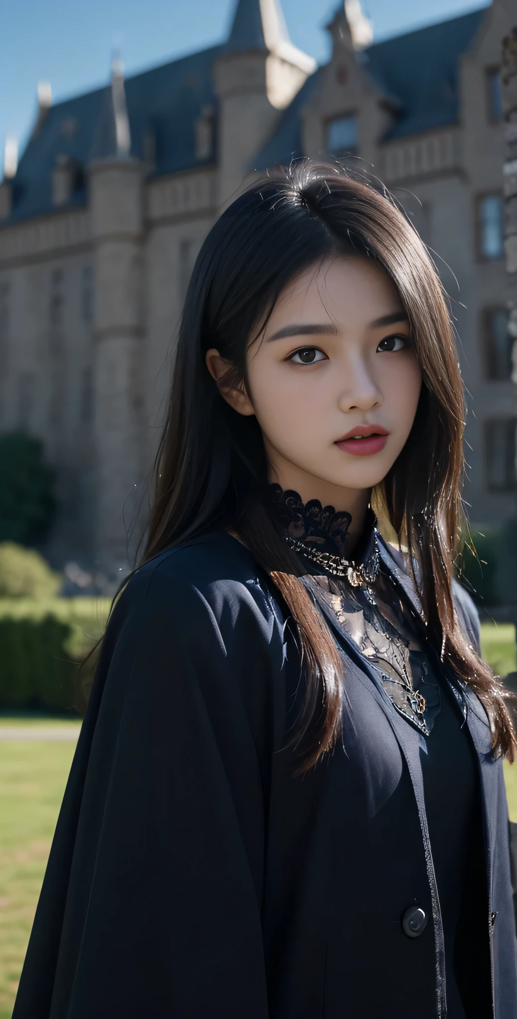 jaemin, front facing, twink, parted lips, (dark navy hair:1.2), dark navy prince regal outfit, (ultra realistic:1.2), (close up:1.2), (gothic european castle background:1.2), (intricate:1.2), (looking at viewer:1.2), male focus, 1male,