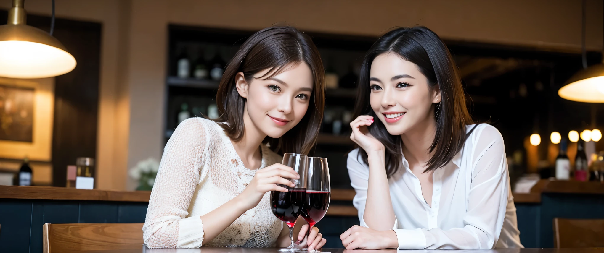((highest quality、8k、masterpiece:1.3))、1 male、1 female、Couple、Spouse、Couple、The body is slim、((Bob Hale、Straight hair:1.2)), (Realistic, Intricate details:1.2), テーブルの上のwine glass、Shine light on your face、 Amazing view of the sunset sky and clouds、Amazing mountain views、A bright smile、The wonderfulness of smile、Bright image、The beauty of wine, Beautiful Face, blue eyes, The light shines on your face, Blushing, short hair,Bright Face、 (Age 37), 39 years old, red wine 、Appetizers、Italian food、Wine bottle、Champagne、sparkling wine、Two beauties、Brown Hair、Shortcuts、Long sleeve shirt、dress、Pretty Woman 1, (slimな顔), (The body is slim), (Brown Hair), (Shortcuts), cheeks turn a little red,Attractive beauty、restaurant, In a prominent place (From the waist up) Nova Frog Style, actress, model, Upper Body, White wine, slim, wine glass, 中央に置かれたwine glass, smile, (smile: 1.15), Beautiful fine grain, Depth f/2,saturation, High Contrast, Strong light and shadow,Moist Body:1.5、3D texture、Delicate eyes、Brown Hair、The hair is very shiny、