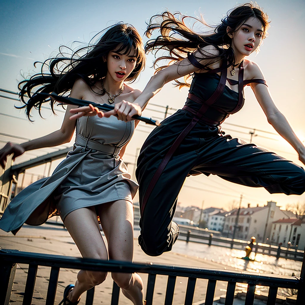 beautiful russian woman in her 20s, 8k, perfect physique, perfect proportions, detailed face, high quality, photorealistic, stunning eyes, long eyelashes, attractive facial features, flawless skin, light brown hair, tight waist, stylish clothes, necklace, rough , vivid colors, masterpiece, best quality,Black Dress,Shoulder,Jump ,(((She jumps over the fence)))