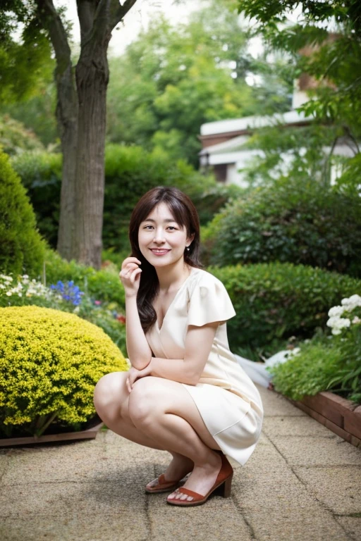 highest quality、masterpiece、High sensitivity、High resolution、40Woman in her 20s、garden、squat、Thin thighs、Light dress