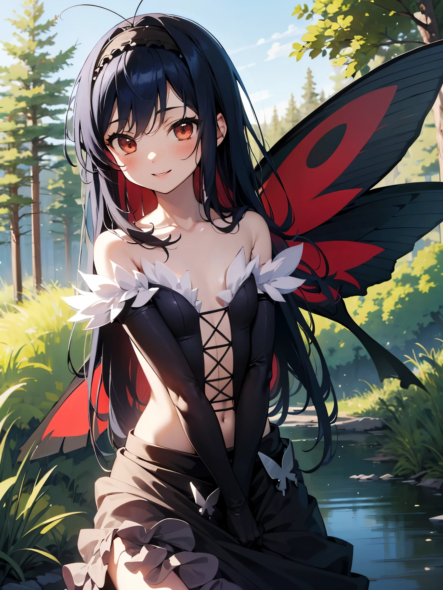 NSFW,One girl,hair band、Black Dress、Frills、Black gloves、Elbow Gloves、Butterfly Wings,Small breasts,(Perfect hands),(Perfect Anatomy),(masterpiece),(highest quality),Bad Smile,Embarrassed,blush,(wilderness:1.5),ruins