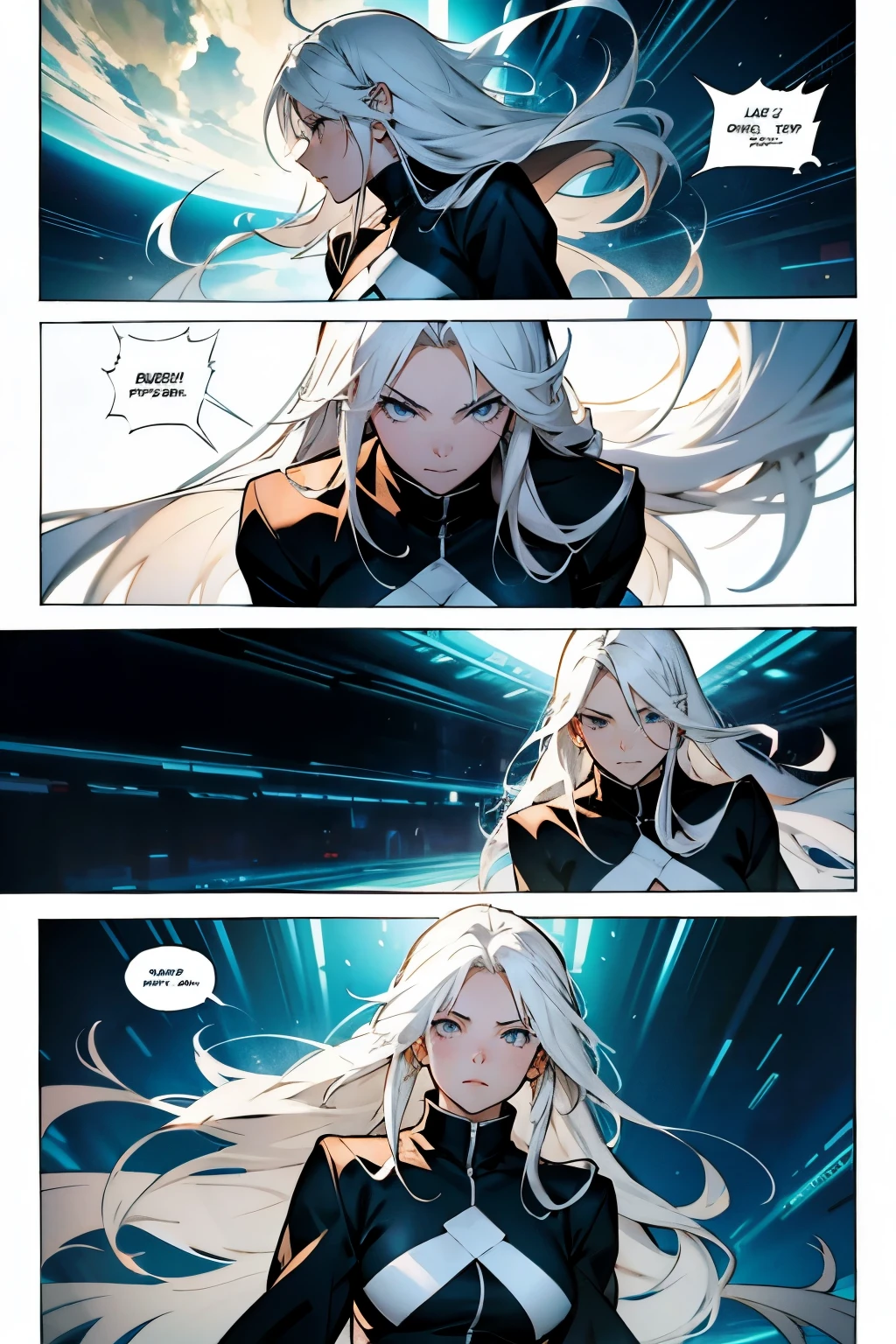 Anime girl with long white hair fighting, manga panels with dialogue 