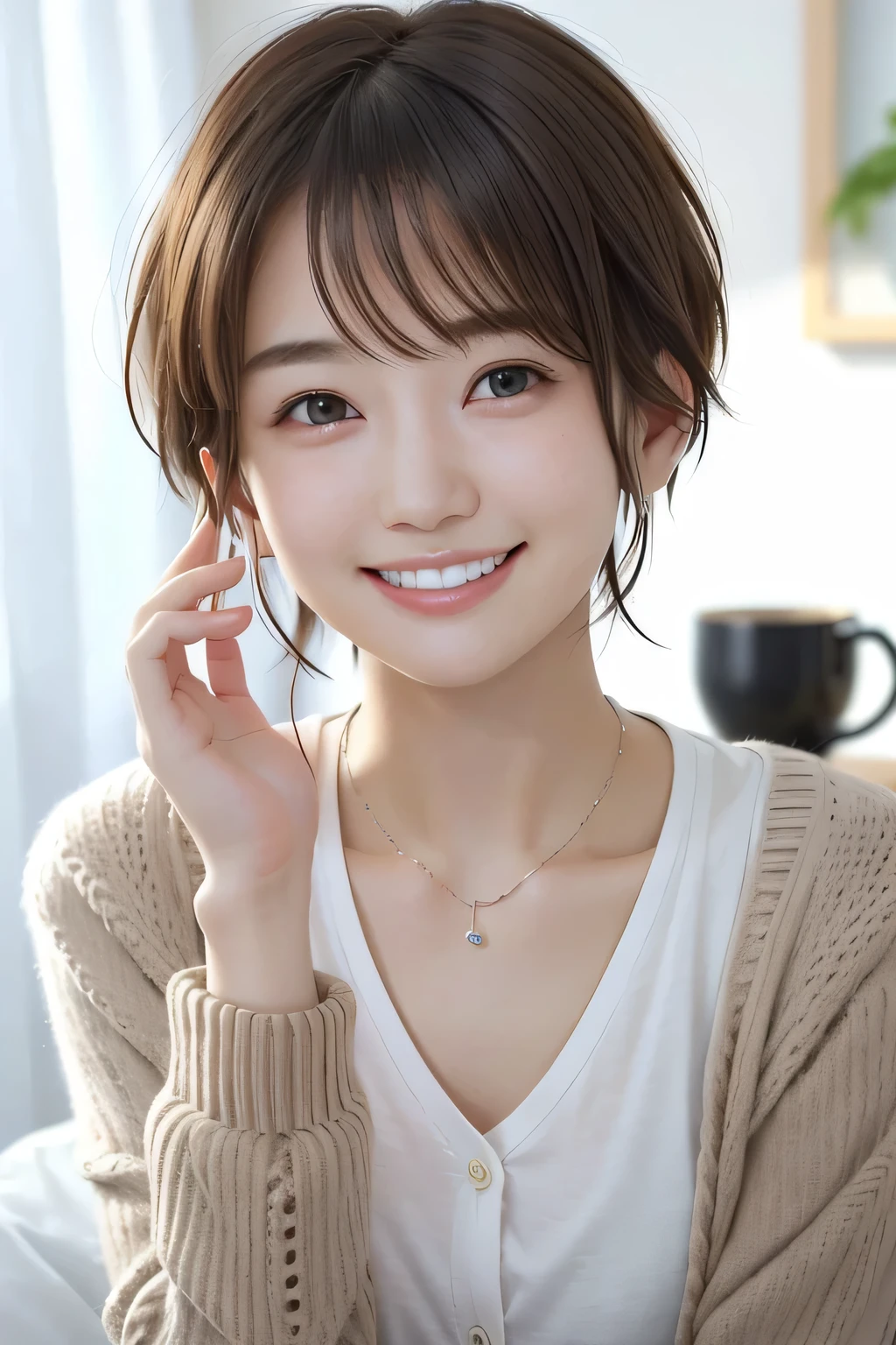 205 ((short hair)), 20-year-old female, In underwear、cardigan、Open your mouth、smile、Beautiful teeth alignment、Black Hair、ear piercing、Necklace around the neck、Looking into the camera, Waiting for the start