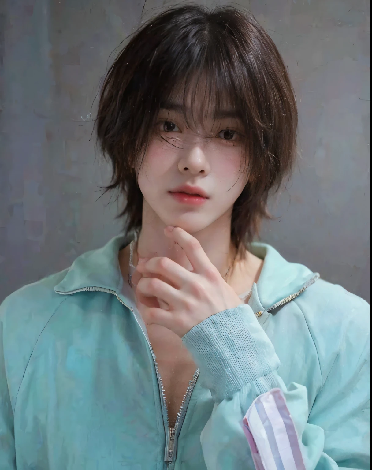best quality,very detailed, mackerel,masterpiece:1.2),portrait,Asian man wearing white shirt, jimin,plump lips, Park jimin-inspired aesthetic, swollen right eyelid of jimin, Greek nose of jimin, Works inspired by Bian Chomin, elongated neck, vivid colors,soft lighting, very small nose, perfect face, expressive eyes, excited, estilo excited 
