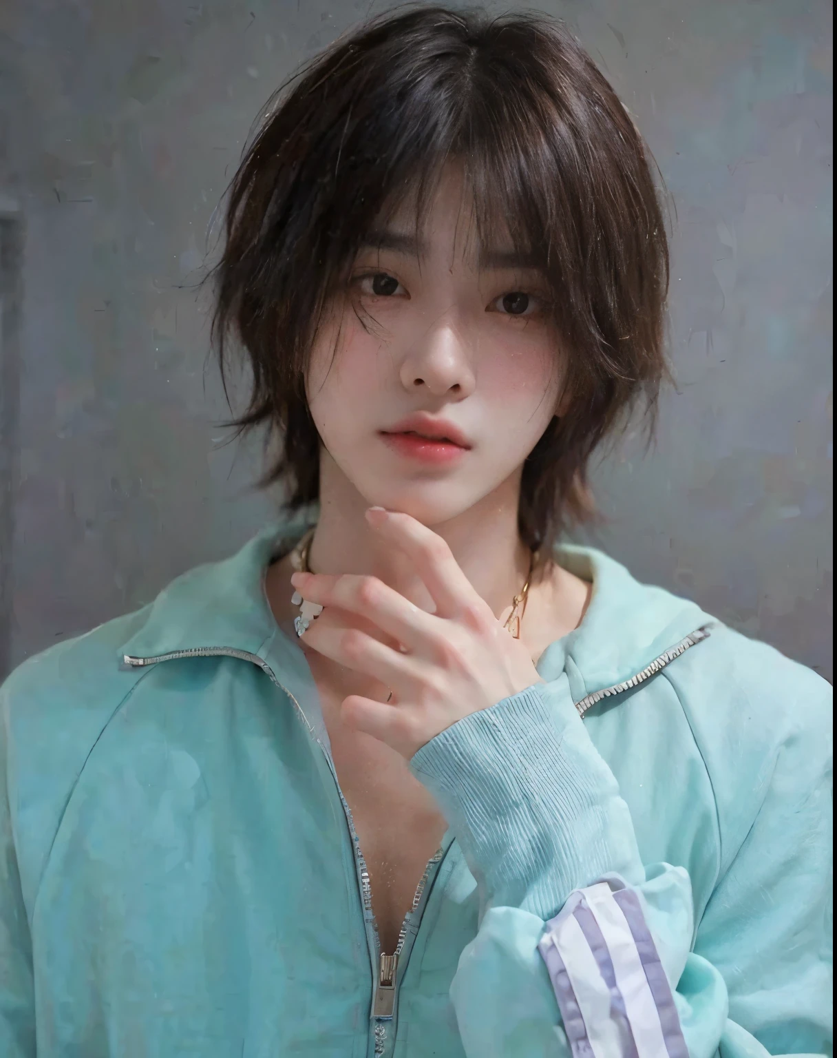 best quality,very detailed, mackerel,masterpiece:1.2),portrait,Asian man wearing white shirt, jimin,plump lips, Park jimin-inspired aesthetic, swollen right eyelid of jimin, Greek nose of jimin, Works inspired by Bian Chomin, elongated neck, vivid colors,soft lighting, very small nose, perfect face, expressive eyes, excited, estilo excited