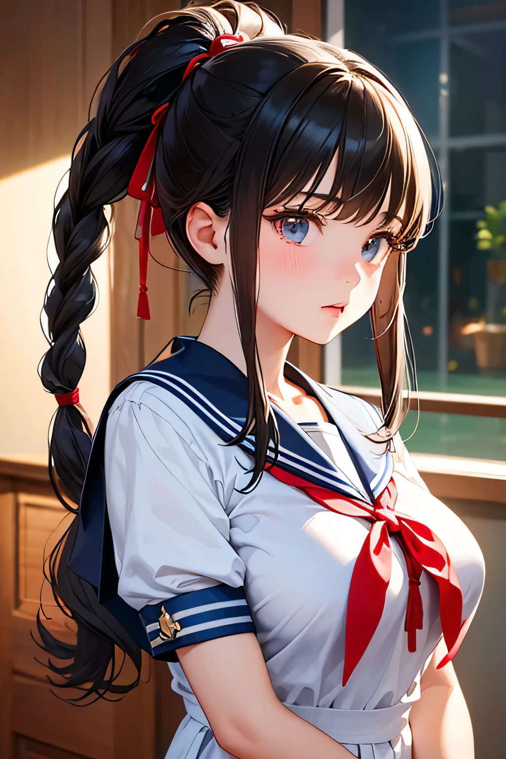 highest quality、High resolution、Detailed Background、(Beautiful face in every detail:1.4)、Anatomically correct、(Detailed facial expressions)、(Detailed eyes:1.2)、 beauty、(Highly detailed face:1.4)、(Huge breasts:1.2)、Light color hair、Black Hair、Brown Hair、Braided Bob、Braided Ponytail、Braided twin tails、Braided long hair、well-groomed eyebrows、Perfect body line、cute school bag、A picturesque scene、A slightly embarrassed look、Cowboy Shot、

The sailor suit design is based on the classic navy blue base with white coloring.、A knee-length pleated skirt is best, and pairing it with pure white knee-length socks will give you a neat and clean look.、The key point is to tie a red ribbon around the sailor collar to add a cute touch.、We recommend using a red ribbon as a hair accessory.、

We recommend the retro atmosphere of the town.、Romantic and pure atmosphere、cute