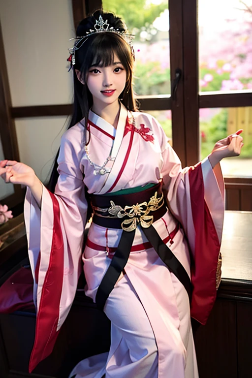 goddess 12unlined kimono The color is lustrous upright Hands are gassho looking at the camera Background is cherry blossoms Front view big tiara