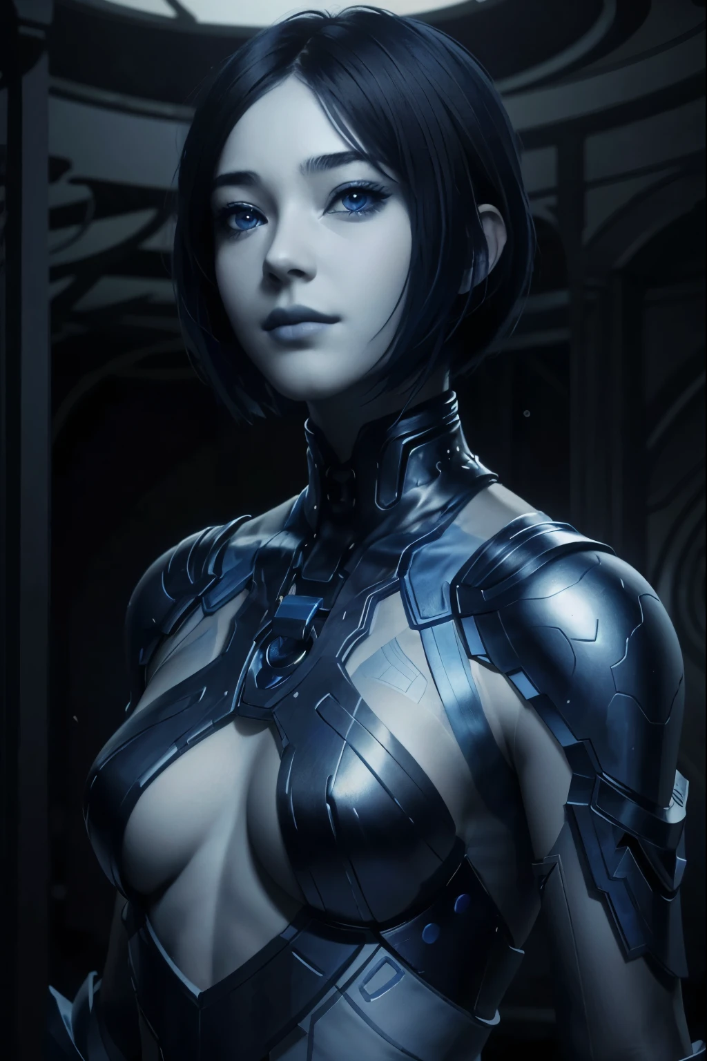 CortanaH, 1girl, solo, short hair, blue eyes, blue theme, blue skin, black hair, colored skin, lips, upper body, realistic
