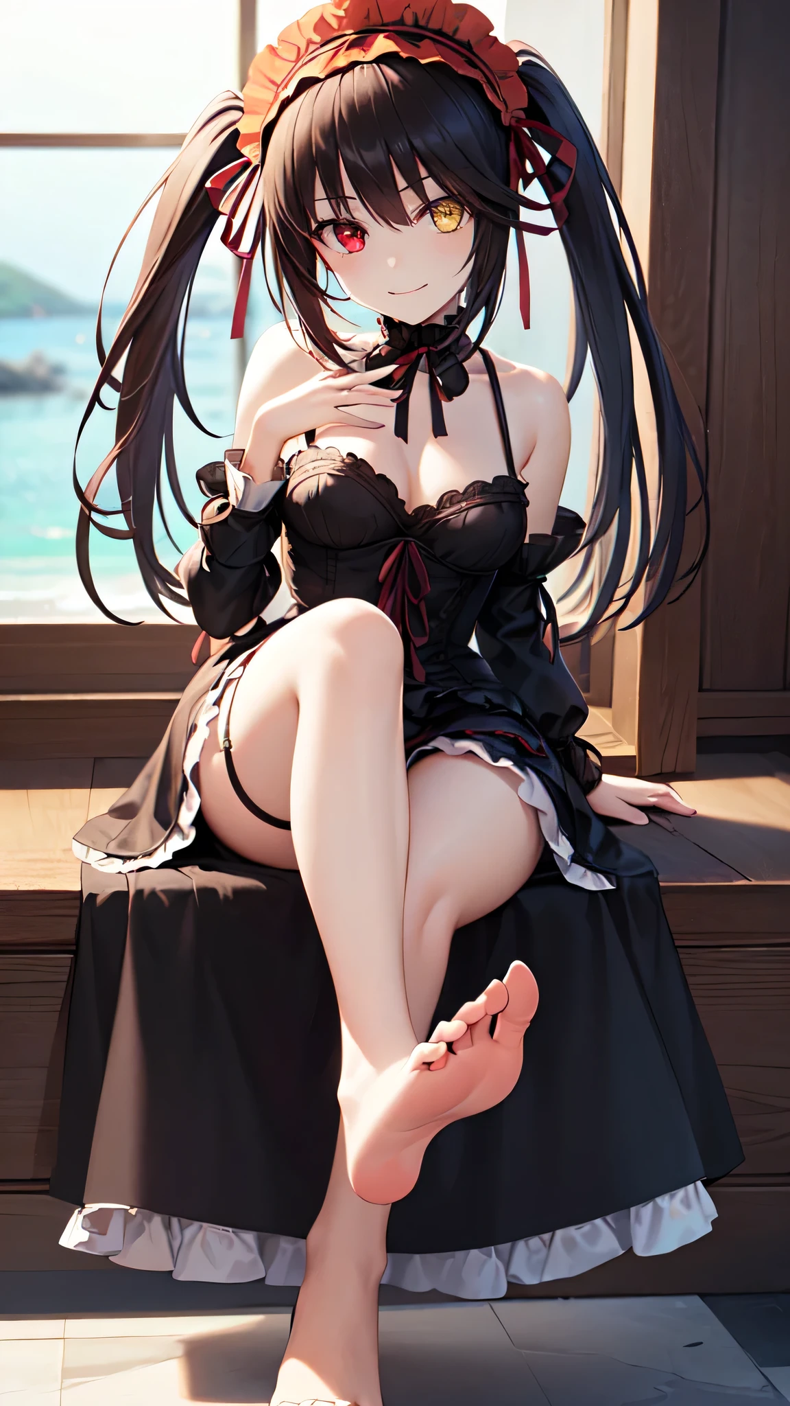 a masterpiece, best quality, 8k, photorealistic,Perfect feet, 1 girl, beach, reaching forward, long black twin tails, (golden eyes:1.2), heterochromia, (red eyes:1.2), Kurumi Tokisaki, smiling, gothic ta accessories, Victorian maid headdress, black ribbon, maid outfit,Sitting posture, Lift the soles of your feet