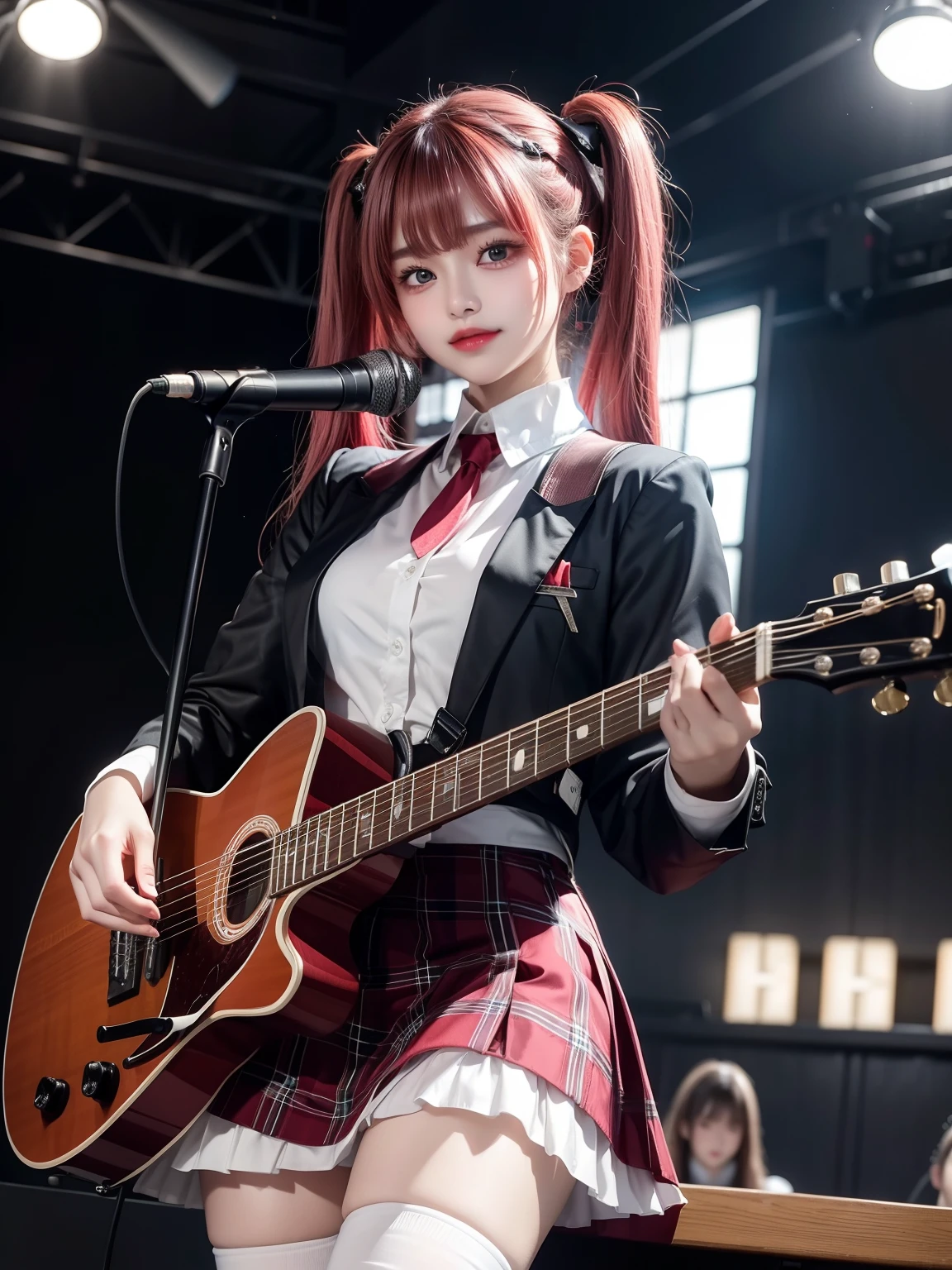 High school girl blazer、 uniform、Red checked knee-length skirt、Long skirt、JK Style、Jacket、smile、Knee-high socks、Thigh-high socks、pantyhose、A superb beauty、Super cute、ennui、Rare beauty、Twin tail hair、Black Dark Eyeshadow、Sad、Good skin glow、Long hair straightener、Dark Gothic Makeup、Dark Smile、Fragrant beauty、Stained glass background、Mastepiece、Best Quality、Refers to 5 books、Sweat glistening on my chest、Sweat glistening on my face、Small breasts、Dark pink hair、Age 22 years old、Slightly slim、Mysterious look、A sad expression、Pink Hair、mysterious gothic church、enchanting castle、Sweating profusely all over the body、A lot of sweat and light on the thighs、Shiny thighs、Plenty of sweat glistening on the thighs、A large amount of sweat glistens on my thighs、Sweating profusely、Gal、Small breasts、japanese face、Alluring expression、Thin thighs、Playing guitar、I have a guitar、Sing a song enthusiastically、Playing guitar in a band、Playing guitar chords、Live House Background、Sing a song、Open your mouth、Live house scenery、Mike stand、Glamorous live stage、Dynamic Angle、