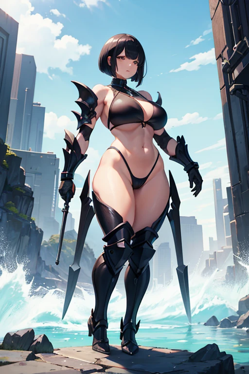 riplets, standing, shortstack, wide hips, huge , full body, black bob cut hairstyle, bikini armor