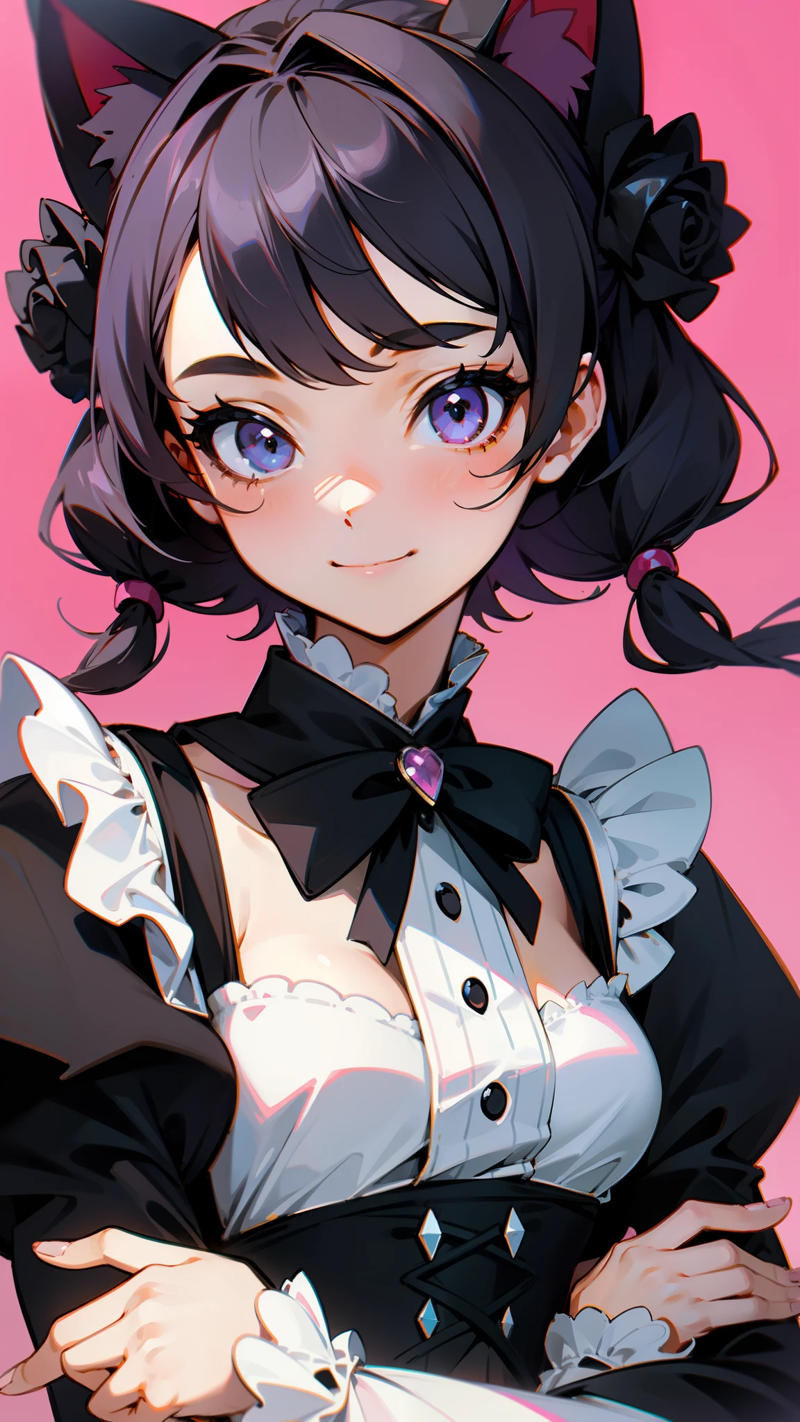 1 Girl、Cat Maid、dress、Black White Pink、Black Rococo、elegant and charming cosplay、smile、Upper body close-up