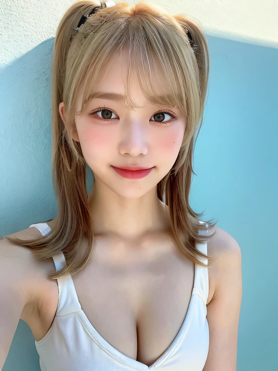 one person、、Blonde、Blonde、Full body photo、slender、woman、White drool coming out of the mouth、smile、Very short twin tails、 Fair skin、Super cute、Soft and Face、8K resolution、Surreal、Ultra high definition、 A-cup small breasts((Highest resolution、8k、masterpiece:1.3))、Ultra-fine face、Ultra Fine Lips、Beautiful Eyes、double eyelid,Light blue wall、White floral bikini:1.1、Thighs、thin,Thighs are visible、Shapely small breasts、