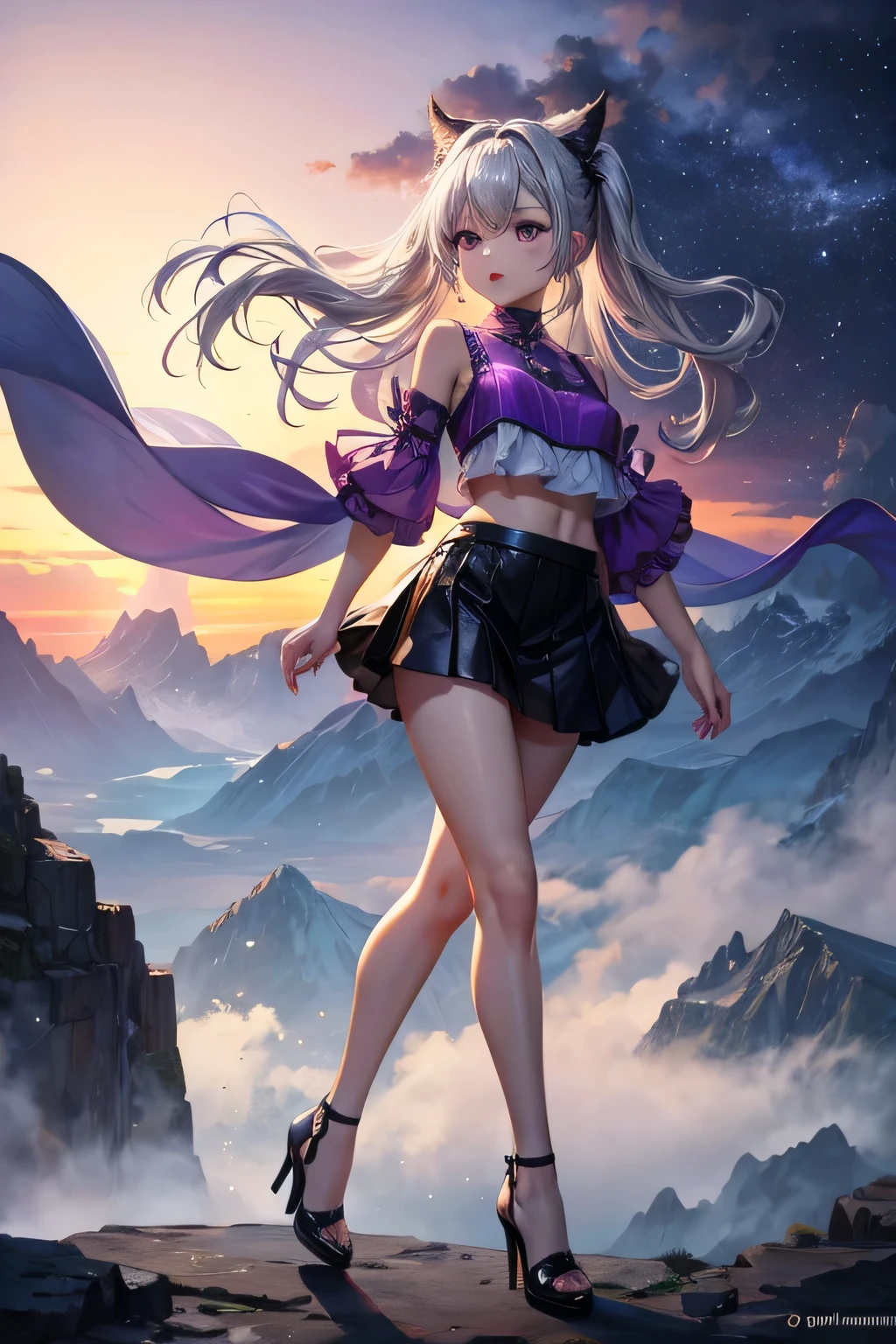 purple、mountains、Near-future、cyber-、sea of clouds、Asahi、hope、grow、(1 Female:1.2),1 girl、long legs,Silver Hair、Dark brown eyes、Shining Eyes、Crop top、mini skirt、Parted lips、1woman wearing trendy clothes, in an abstract oil painting style, fashion show, The painting is ultra-high detailed and has a resolution of 8k, showcasing the best quality and craftsmanship,with a touch of fog, creating a mysterious atmosphere , luminous design, vivit colours,spring lights,Artistic,azure, red, (Bare legs:1.1), (black high heels), black short skirt