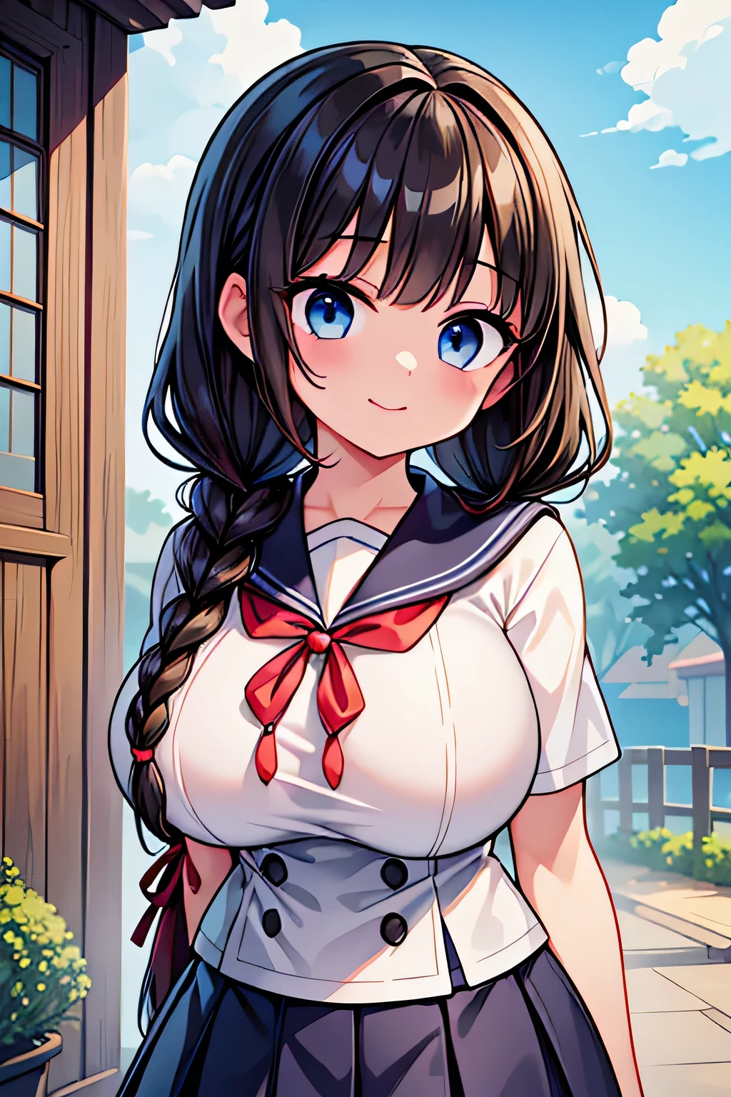 highest quality、High resolution、Detailed Background、(Beautiful face in every detail:1.4)、Anatomically correct、(Detailed facial expressions)、(Detailed eyes:1.2)、 beauty、(Highly detailed face:1.4)、(Huge breasts:1.2)、Light color hair、Black Hair、Brown Hair、Braided Bob、Braided Ponytail、Braided twin tails、Braided long hair、well-groomed eyebrows、Perfect body line、School Bags、A big smile、Retro atmosphere of the town、Clean atmosphere、A picturesque scene、
The sailor suit design is based on the classic navy blue base with white coloring.、A knee-length pleated skirt is best, and pairing it with pure white knee-length socks will create a clean atmosphere.、The key point is to tie a red ribbon around the sailor collar to add a cute touch.、We recommend using a red ribbon as a hair accessory.、cute