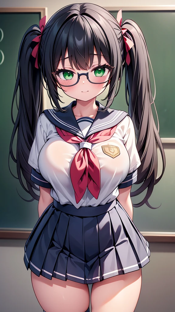 highest quality,wonderful,finely,extremely detailed CG unity 8k wallpaper,1 Girl, Large Breasts,(school uniform:1.3), Watching the audience, Put your arms behind your back,Black Hair, Glasses, Green Eyes,Twin tails, highest quality,Super detailed,unity 8k wallpaper,Game CG