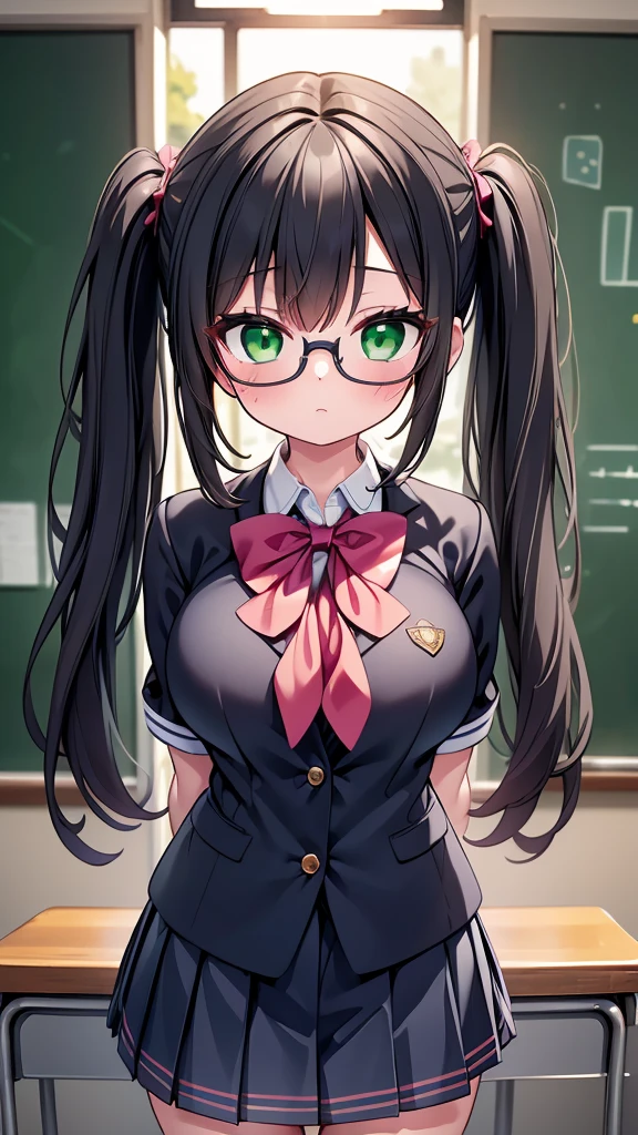 highest quality,wonderful,finely,extremely detailed CG unity 8k wallpaper,1 Girl, Large Breasts,(school uniform:1.3), Watching the audience, Put your arms behind your back,Black Hair, Glasses, Green Eyes,Twin tails, highest quality,Super detailed,unity 8k wallpaper,Game CG