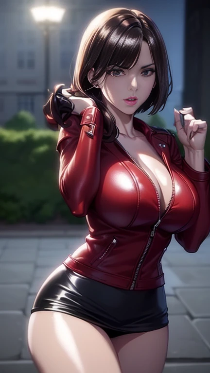 Photorealistic Image of Gorgeous 25 Years Old British Female Vampire Mercenary with Athletic Body, (Shoulder-level Bob Black Hair), (One Person), (Red Leather Jacket and Black Tight Mini Skirt:1.4), (Pale Skin:1.4), (Detailed Shiny Appearance:1.4), (Serious Face), Deep Cleavage, (Dynamic Pose:1.4), (Dark Castle at Night:1.4), Centered, (Full Body Shot), (From Front Shot), Insane Details, Intricate Face Detail, Intricate Hand Details, Cinematic Shot and Lighting, Realistic Colors, Masterpiece, Sharp Focus, Ultra Detailed, Taken with DSLR camera, Realistic Photography, Depth of Field, Incredibly Realistic Environment and Scene, Master Composition and Cinematography