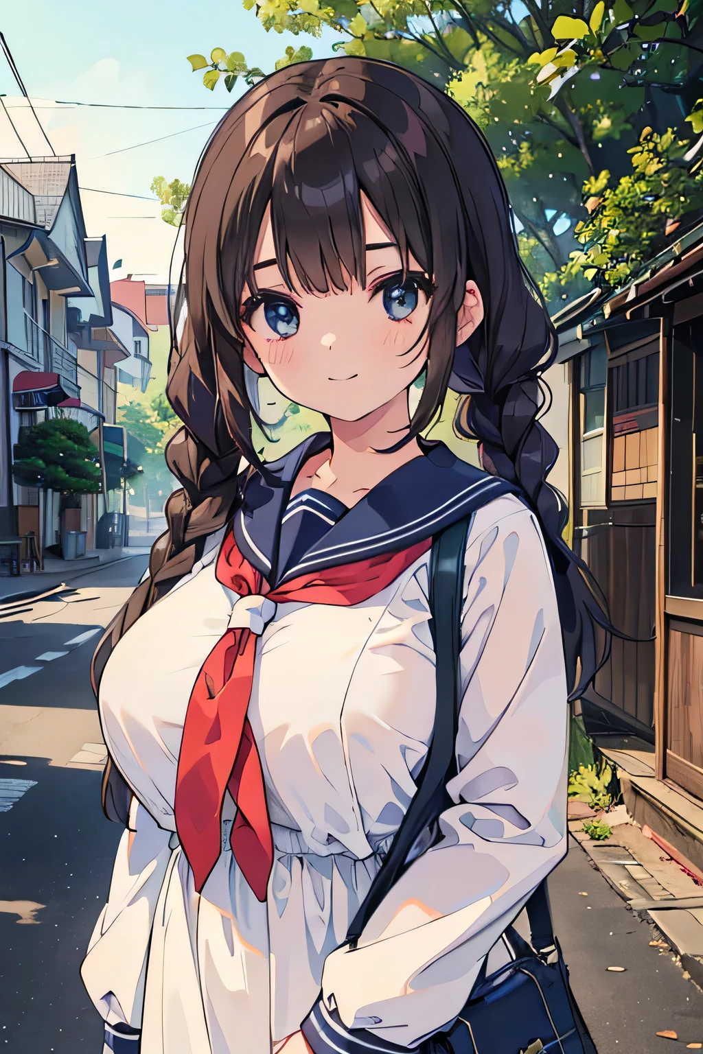 highest quality、High resolution、Detailed Background、(Beautiful face in every detail:1.4)、Anatomically correct、(Detailed facial expressions)、(Detailed eyes:1.2)、Teenage beauty、(Highly detailed face:1.4)、(Huge breasts:1.2)、Light color hair、Black Hair、Brown Hair、Braided Bob、Braided Ponytail、Braided twin tails、Braided long hair、well-groomed eyebrows、Perfect body line、School Bags、A big smile、Retro atmosphere of the town、Clean atmosphere、A picturesque scene、
The sailor suit design is based on the classic navy blue base with white coloring.、A knee-length pleated skirt is best, and pairing it with pure white knee-length socks will create a clean atmosphere.、The key point is to tie a red ribbon around the sailor collar to add a cute touch.、We recommend using a red ribbon as a hair accessory.、cute