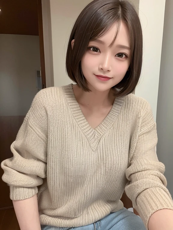 masterpiece, highest quality, High resolution,alone,Brown,artistic,Best lighting,casual,Flat Chest,Beautiful Face,expensive,smile,light makeup,Age 24,Calm woman,Detailed Hair,Laughing woman,Face Focus,Forehead,Bob Cut Hair,Muscle training,A woman wearing shorts,