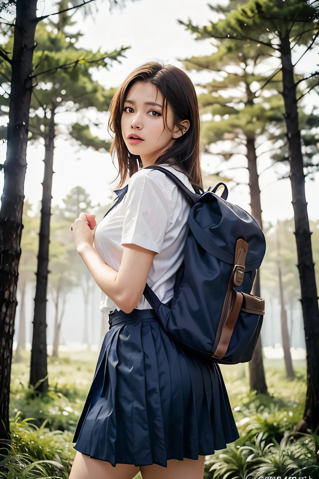 (Nature landscape photography), (highest quality), Tabletop:1.2, 超A high resolution, ((Cowboy Shot:1.4))、Realistic:1.4, RAW Photos, ((In the dark forest、wood々Light shines into the space:1.4)), (Shot from the front), ((White short-sleeved shirt for students:1.4)),((Large butterfly tie for school uniform:1.4))、(One Girl), (Above the knees photo:1.3), (18-year-old), (Happy:1.2), (Wet skin), (Real Skin), (Semi-long hair, Dark brown hair)、 ((Navy blue pleated skirt that accentuates thighs:1.4)), ((Carry a large rucksack:1.4)), (Ultra detailed face), (Super beautiful female high school student), (Highly detailed eyes), (Very elaborate nose), (Very sophisticated mouth), (Very skilled hands), (Super-detailed body), Pan Focus, Gazing at the audience、Confused expression:1.7、