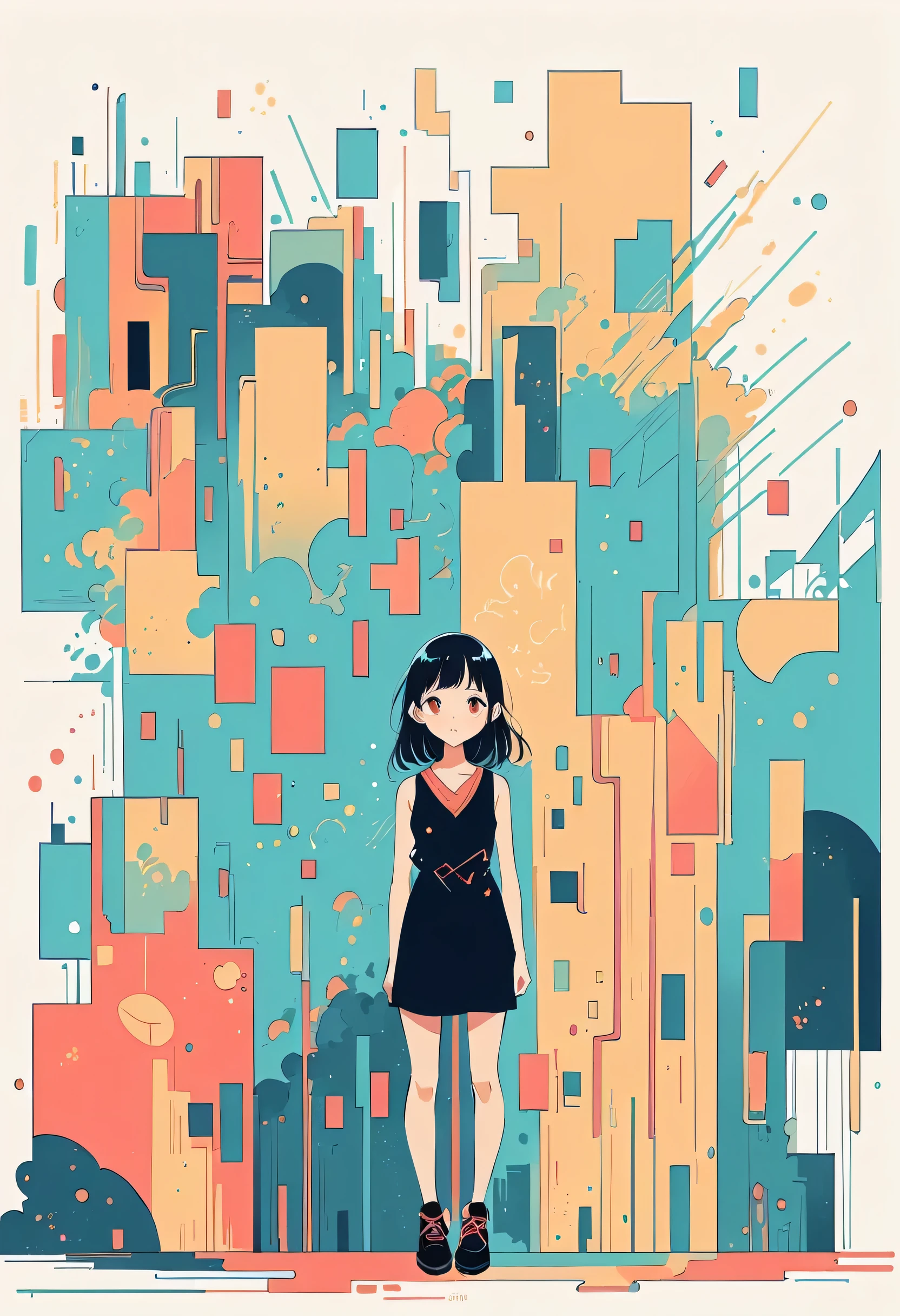 Watase Seizo style, Standing in front of a high wall,Simple Line Initialism,Abstract art,Urban Background, (((The most beautiful girl))),