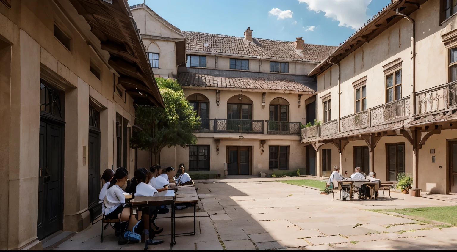 (((Masterpiece))), (((Best Quality: 1.4))), ((Super Detail: 1.4)) , An outdoor scene in the courtyard of a charming, historic school building with red brick walls and a clock tower. The courtyard is filled with children in school uniforms, showing expressions of discomfort as they scratch their heads, indicating a lice outbreak. The children are seated on benches and standing around, with some holding their heads in frustration. Their uniforms are neat, consisting of gray vests, white shirts, and skirts or trousers. School bags and lunchboxes are scattered around. The sky is clear with a few clouds, and the atmosphere is lively yet chaotic. The background includes the well-maintained garden and the school's elegant architectural details. The scene should be rendered in a highly photorealistic style, 4k resolution, in landscape orientation with a 16:9 aspect ratio.
