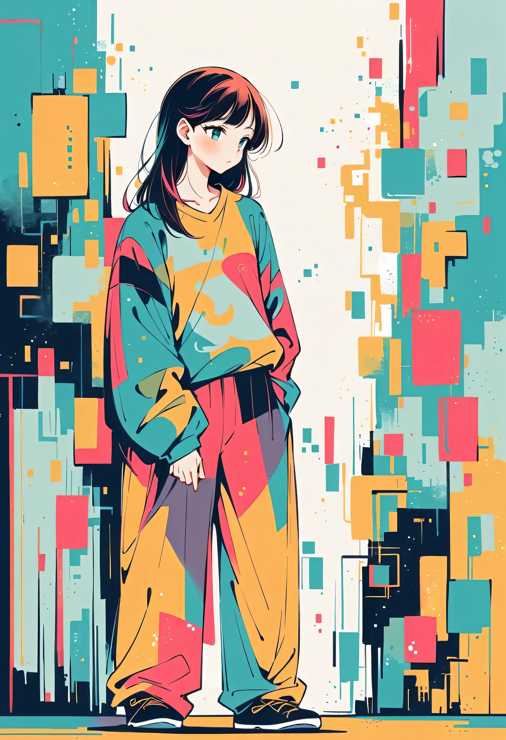 Watase Seizo style, Standing in front of a high wall,Simple Line Initialism,Abstract art,Urban Background, (((The most beautiful girl))),