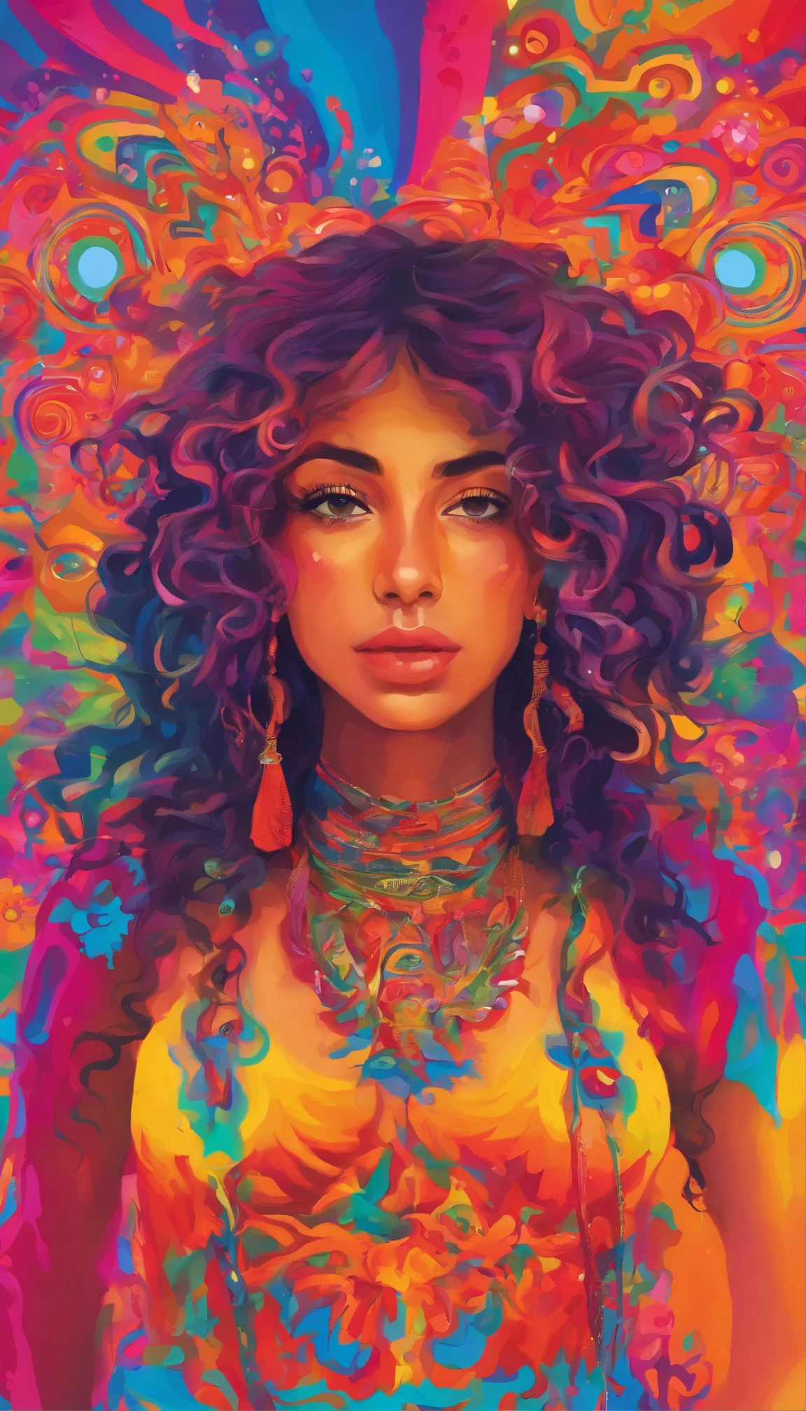 A girl in her twenties with tanned skin and curly hair, Wear colorful clothes, Has multiple ear piercings, On a rainbow background. The girl has a nose piercing on her face. Images are of high quality, Ultra-detailed features and photorealistic style. The colors are vivid、Lighting is professionally done.