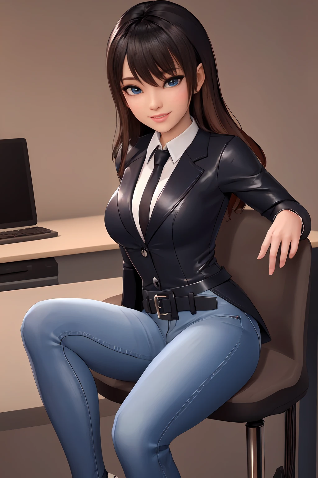 One 18 year old girl, seductive, Beautiful, (masterpiece) Best quality, High development, high detail, looks at the viewer, (((whole body))) sitting on the office desk, ((Средняя seductive грудь)) ((long hair)) ((seductive девушка)) ((Black leather business suit)) black leather jacket, black shock tie, white shock shirt, black leather jeans, black leather narrow belt, ((Latex)) Slim waist, mid thigh, seductive blue eyes, nice smile.