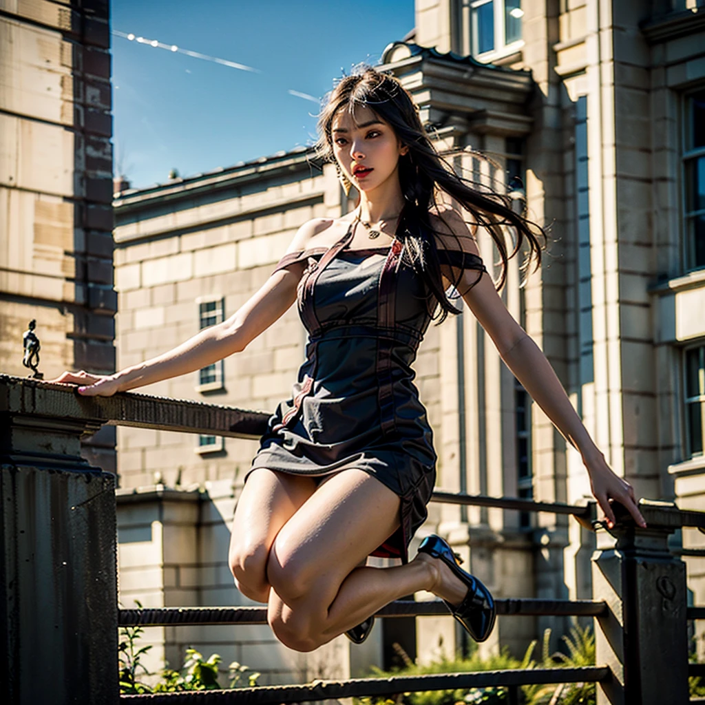 beautiful russian woman in her 20s, 8k, perfect physique, perfect proportions, detailed face, high quality, photorealistic, stunning eyes, long eyelashes, attractive facial features, flawless skin, light brown hair, tight waist, stylish clothes, necklace, rough , vivid colors, masterpiece, best quality,Black Dress,Shoulder,Jump ,(((She jumps over the fence)))