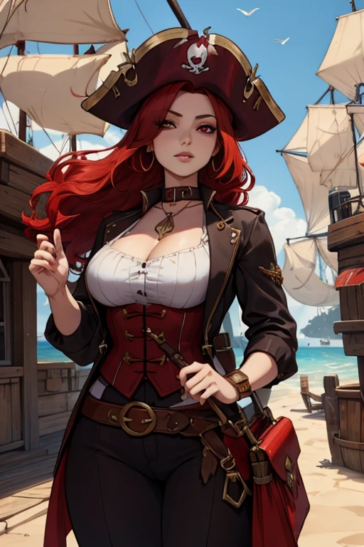 A red haired woman with red eyes and an hourglass figure in a pirate's outfit is shopping in a pirate city