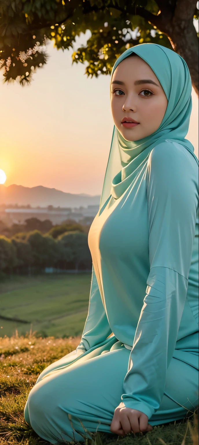 ( Close Up),RAW, Best quality, high resolution, works: 1.3), Beautiful Malay woman in hijab, Masterpiece, fit body, big breasts, beautiful big eyes, Soft smile, beautiful face, woman sitting at a table in a green meadow, traditional beauty, moment sunset, in the field, in the countryside, beautiful woman, with the sunset, wearing a soft long dress, muslim,, hijab, beautiful woman, with a beautiful appearance, a very beautiful masterpiece, a masterpiece of art, good lighting, Bright colors, Clean lines, chubby body, wide chubby hips, chubby arm, chubby massive thighs , massive cleavage , massive armpits , white armpits , armpit hair , extra cleavage, full body