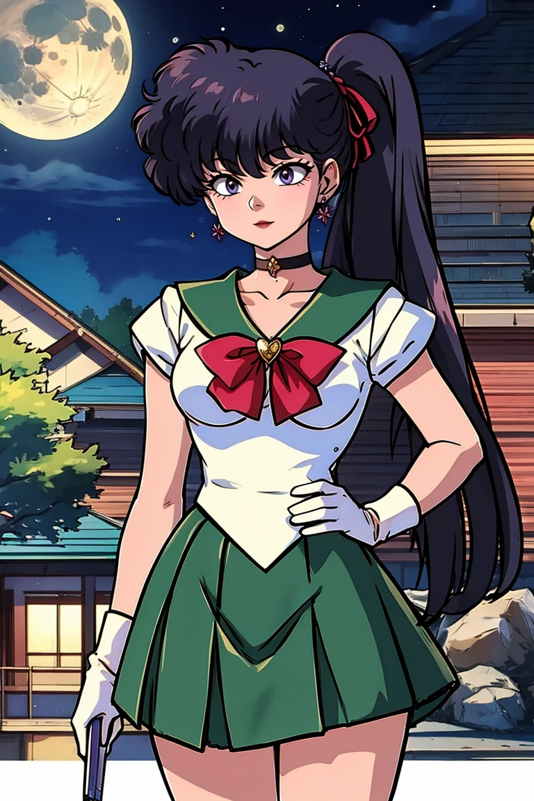 masterpiece, highest quality, High resolution, Absurd, Very detailed, Cute eyes,
kodachi kuno, Side Tail, tiara, jewelry, Sailor Warrior Uniforms, Green sailor collar, choker, - Elbow hand pockets, White gloves, Pink Ribbon, brooch, White leotard, Green Skirt, Sanding arm for pleated skirts_Crossed, Cowboy Shot, night, Outdoor, moon, smile, city,