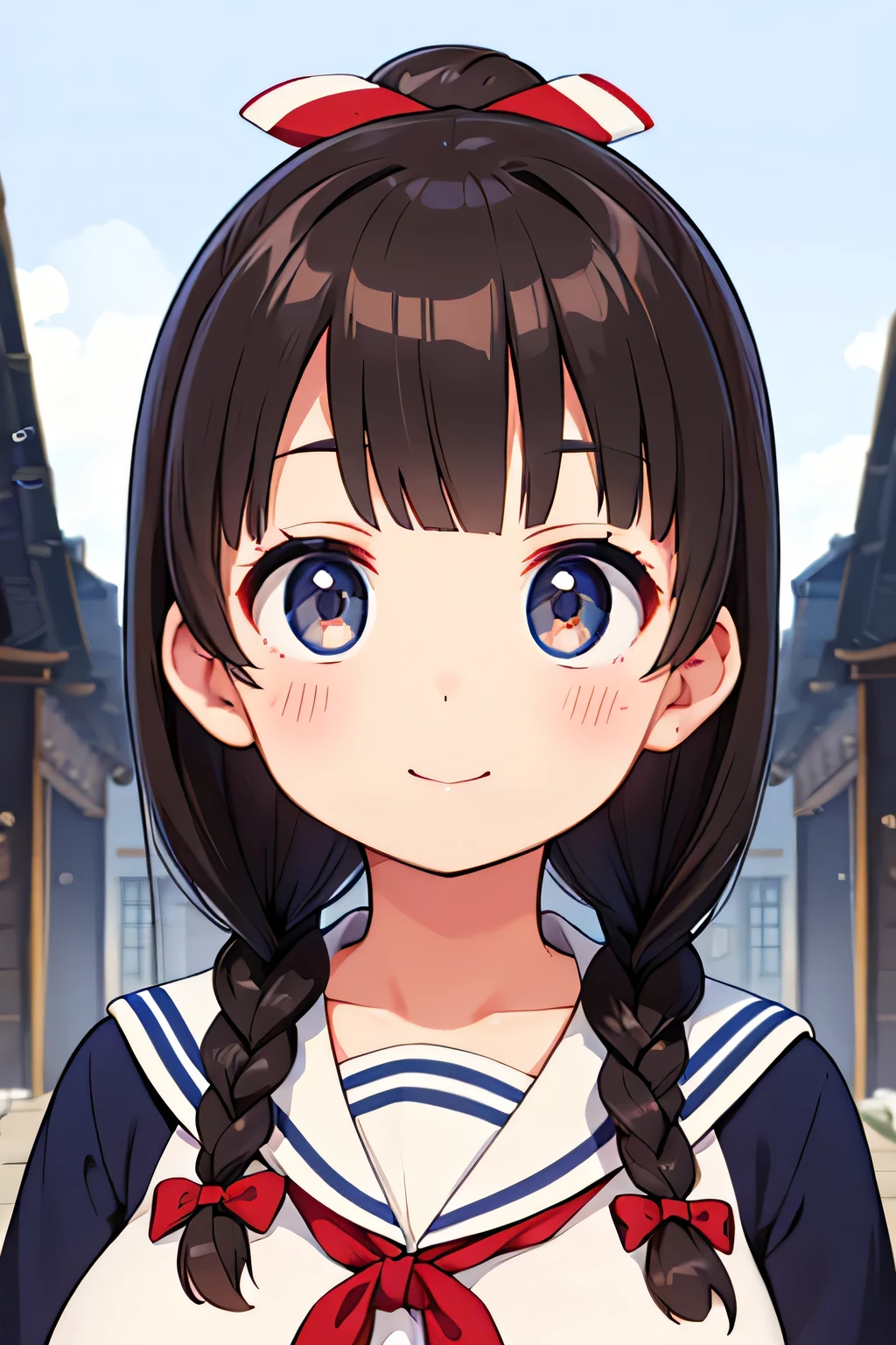 highest quality、High resolution、Detailed Background、(Beautiful face in every detail:1.4)、Anatomically correct、(Detailed facial expressions)、(Detailed eyes:1.2)、Teenage beauty、(Highly detailed face:1.4)、(Huge breasts:1.2)、Light color hair、Black Hair、Brown Hair、Braided Bob、Braided Ponytail、Braided twin tails、Braided long hair、well-groomed eyebrows、Perfect body line、School Bags、A big smile、Retro atmosphere of the town、Clean atmosphere、A picturesque scene、
The sailor suit design is based on the classic navy blue base with white coloring.、A knee-length pleated skirt is best, and pairing it with pure white knee-length socks will create a clean atmosphere.、The key point is to tie a red ribbon around the sailor collar to add a cute touch.、We recommend using a red ribbon as a hair accessory.、cute