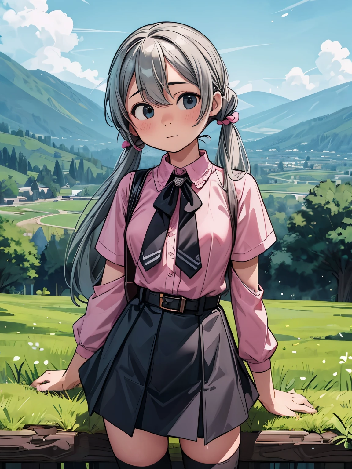 (masterpiece、highest quality、highest quality、Official Art、Beautiful and beautiful:1.2)、(One girl:1.3)Hatsune Miku、Twin tails,Big Breasts,masterpiece, highest quality, Centered, Cowboy Shot, High resolution, Elizabeth, One girl, jewelry, Single knee socks, (Long silver hair, Hair on one eye), abdomen, Black Skirt, Asymmetrical legwear, Pink Shirt, Black knee socks, belt, mini skirt, landscape, Are standing, Are standing, Portraiture, Upper Body